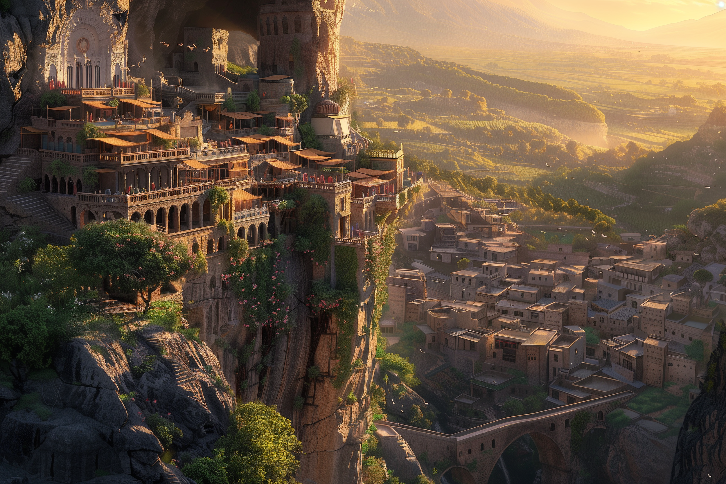 A fantasy-style city built into a mountainside during sunset, with multiple terraces, bridges, lush greenery, and a sprawling town below.