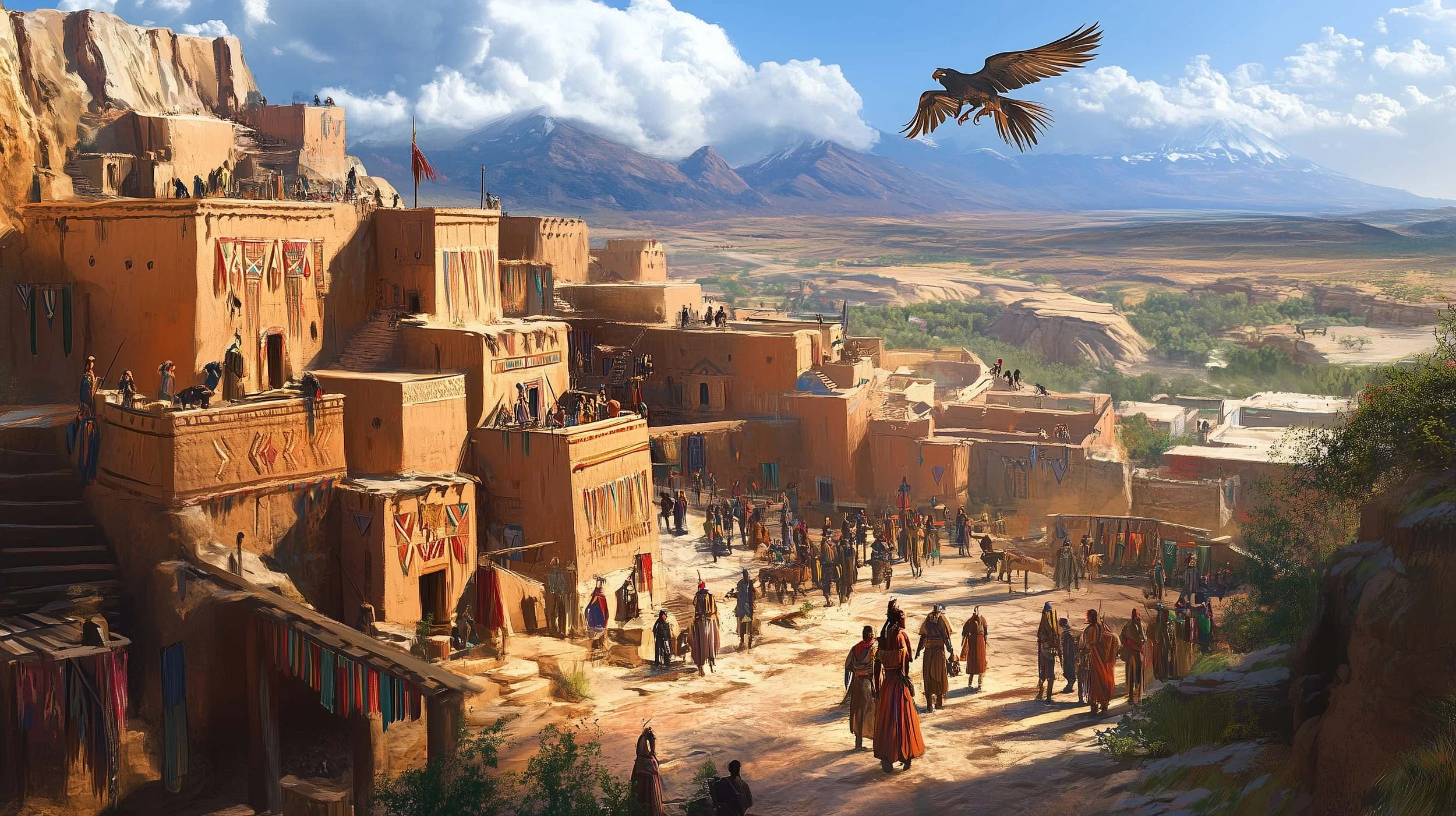 Illustration of an ancient desert village with adobe-style buildings, people walking and interacting, mountains in the background, and a bird flying overhead.
