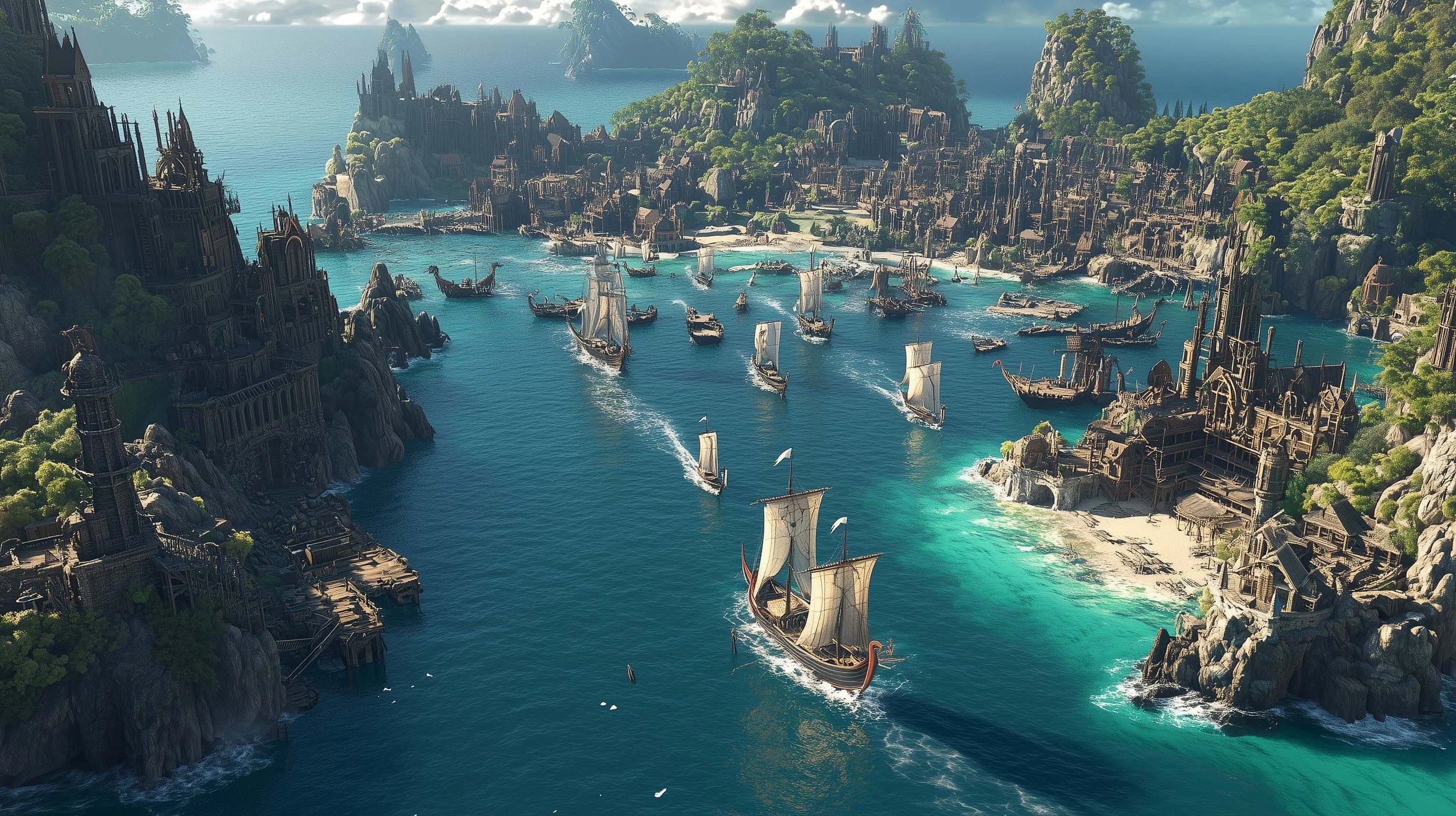 Ships float within turquoise waters, surrounded by island cities.