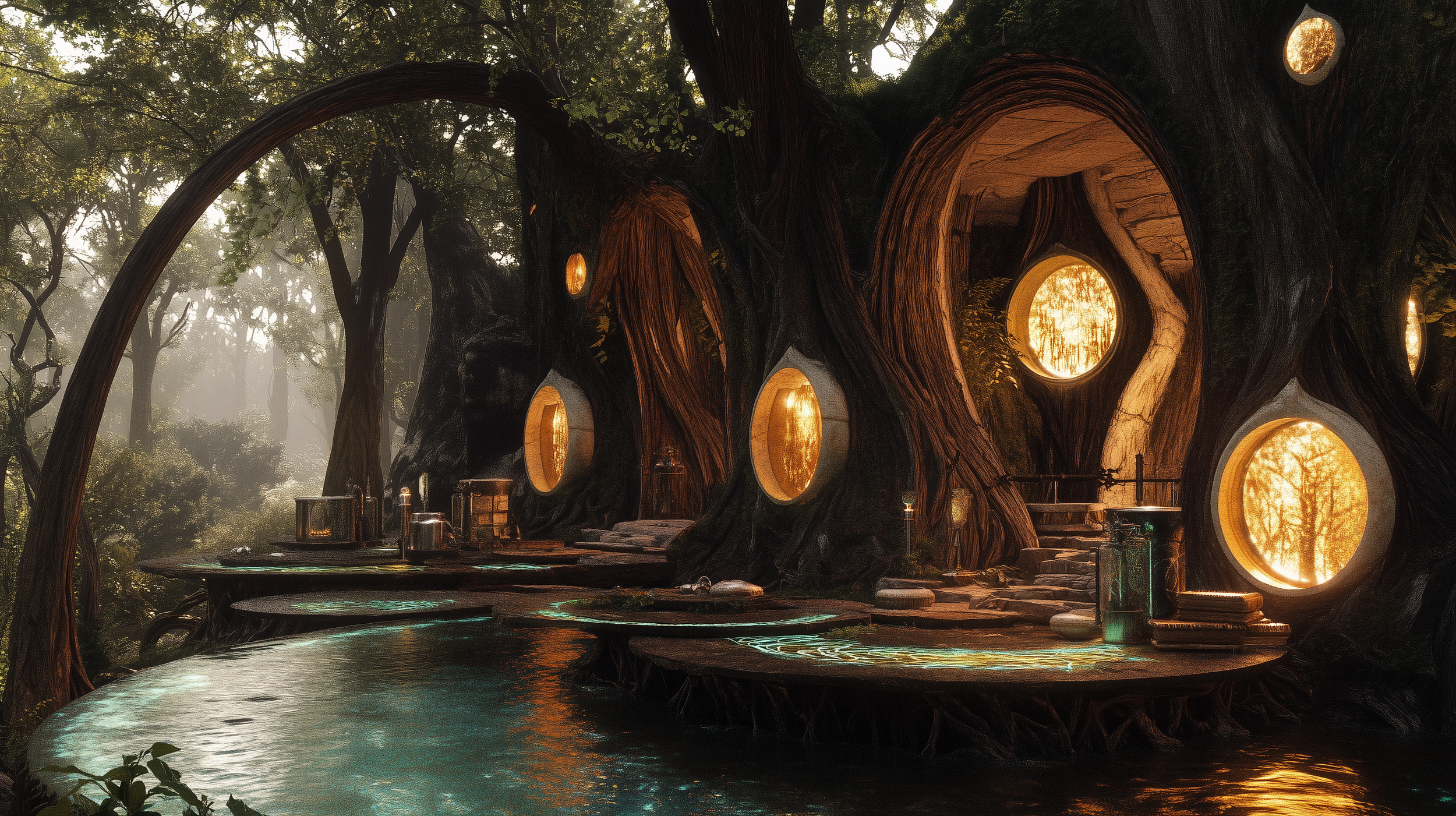 A whimsical treehouse in a forest, built into and around large trees with round windows emitting warm light. A small pond ripples in the foreground, creating a serene atmosphere.