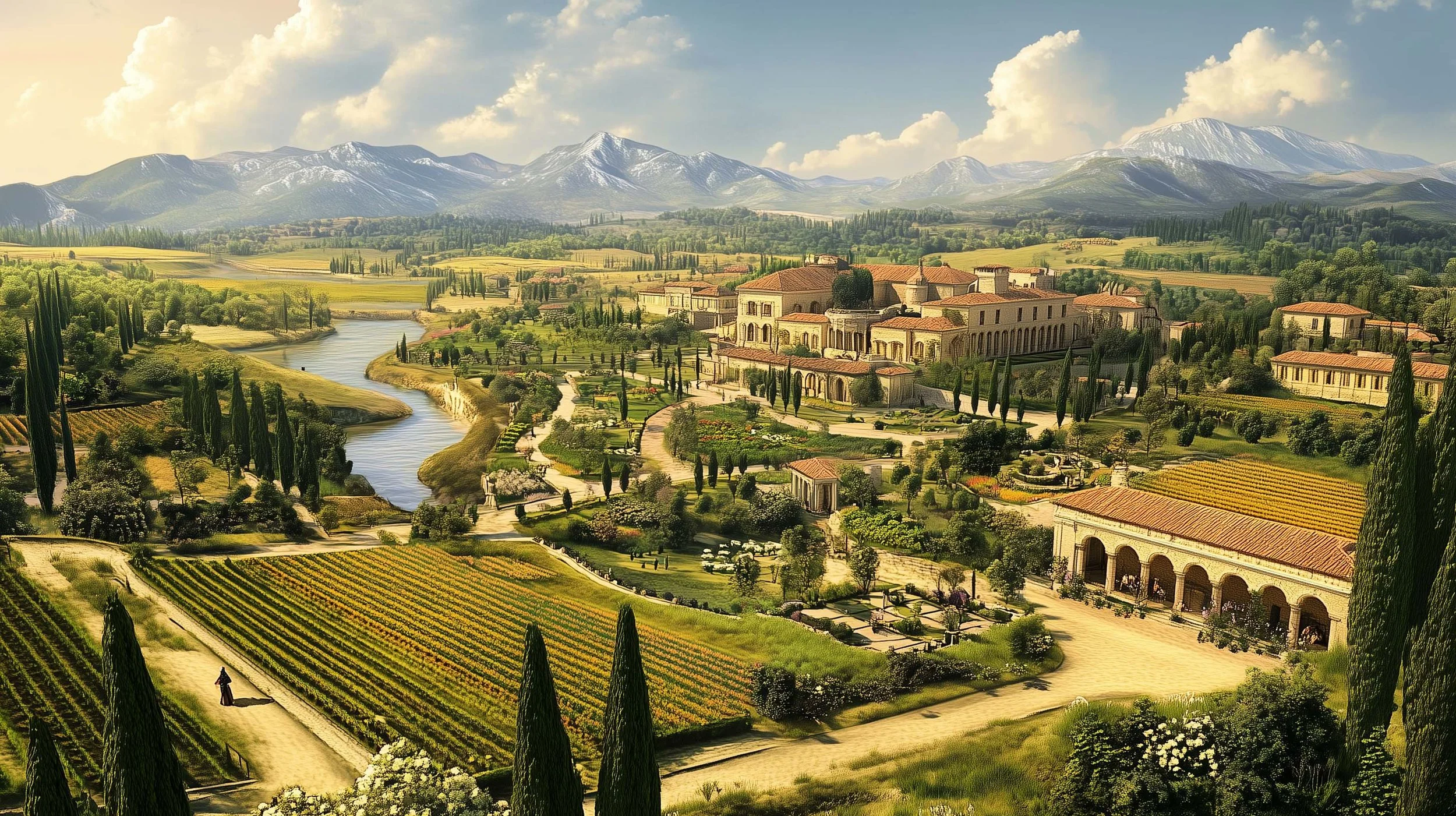 A scenic landscape of a rural valley with a river flowing through, surrounded by rolling hills, vineyards, and a large estate with Mediterranean-style buildings. Mountains are visible in the background, under a partly cloudy sky.