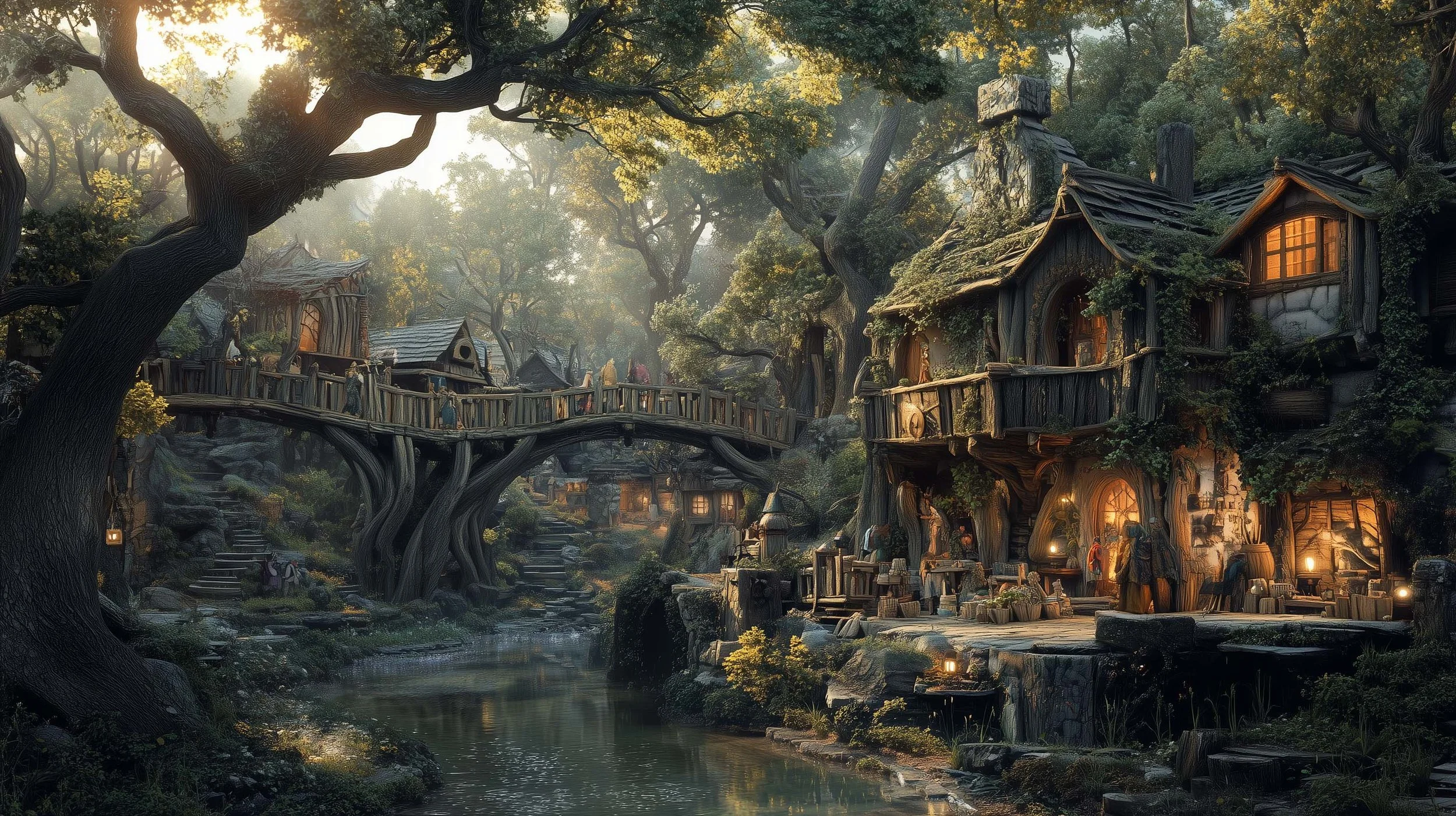 Fantasy treehouse village with glowing windows, connected by wooden bridges, set in a lush forest beside a river, with large trees and soft sunlight filtering through the leaves.