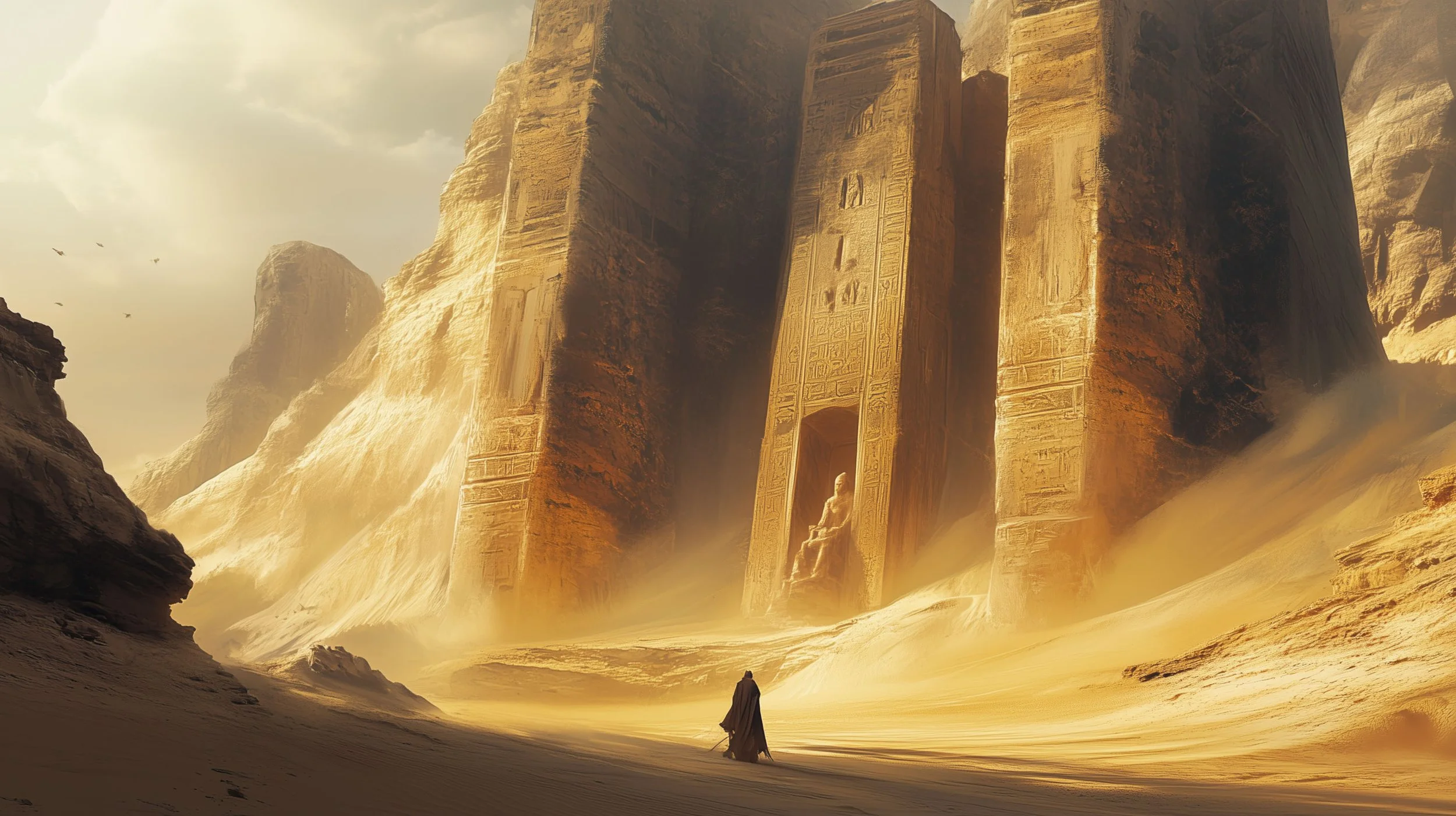 A lone figure stands before an ancient sandstone structure among massive sand dunes.
