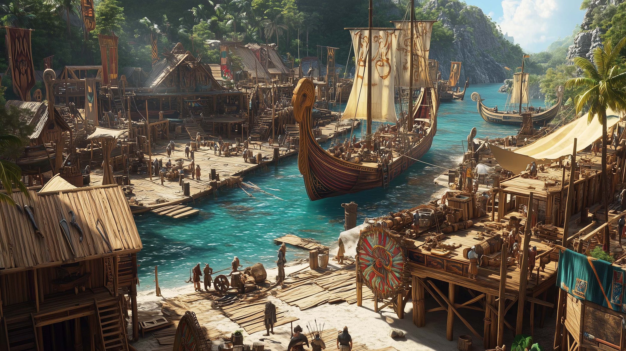 A bustling port with wooden docks, structures, and ships along a turquoise waterway situated in a lush, tropical landscape with cliffs and greenery.