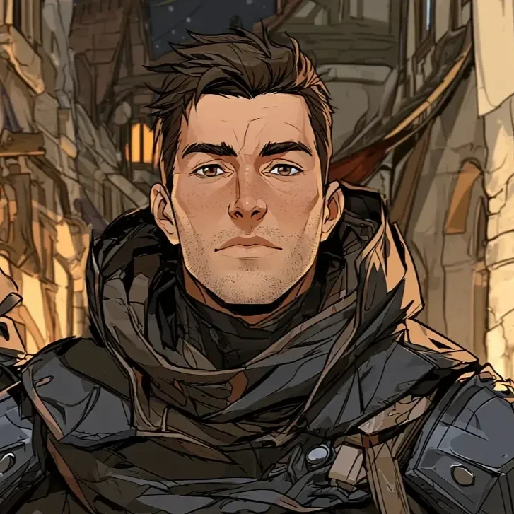 Digital painting of a young man with short brown hair, wearing a brown leather armor or costume, against a blurred background.
