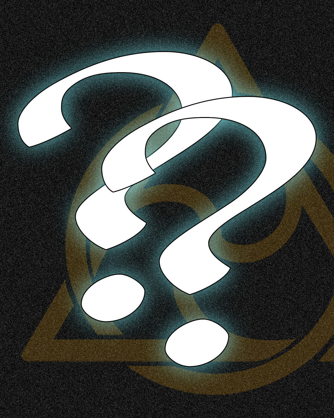 Two glowing question marks over the Necsis triskelion – representing a higher-tier mystery reward