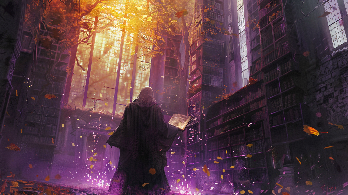 A cloaked figure studies a glowing tome in a towering, ruined library as golden light streams through vast windows. Autumn leaves swirl amid shelves of crumbling books, while purple magical energy glimmers at the figure's feet.