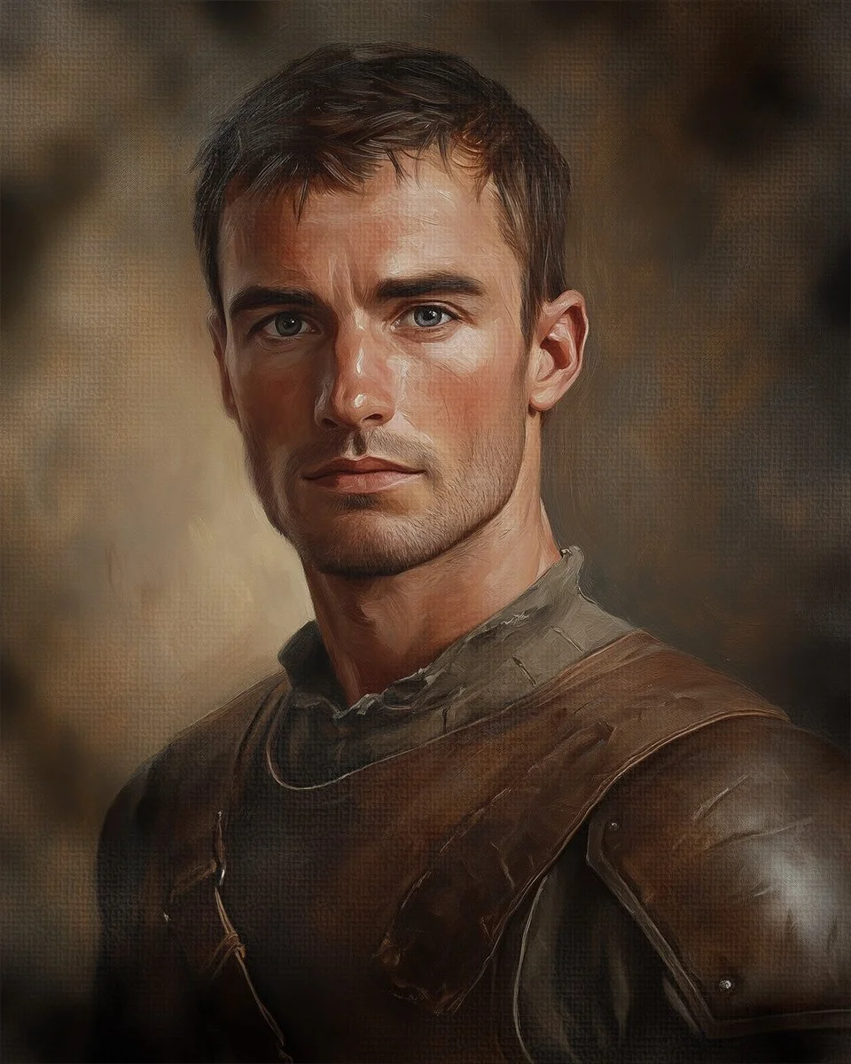 Digital painting of a young man with short brown hair, wearing a brown leather armor or costume, against a blurred background.