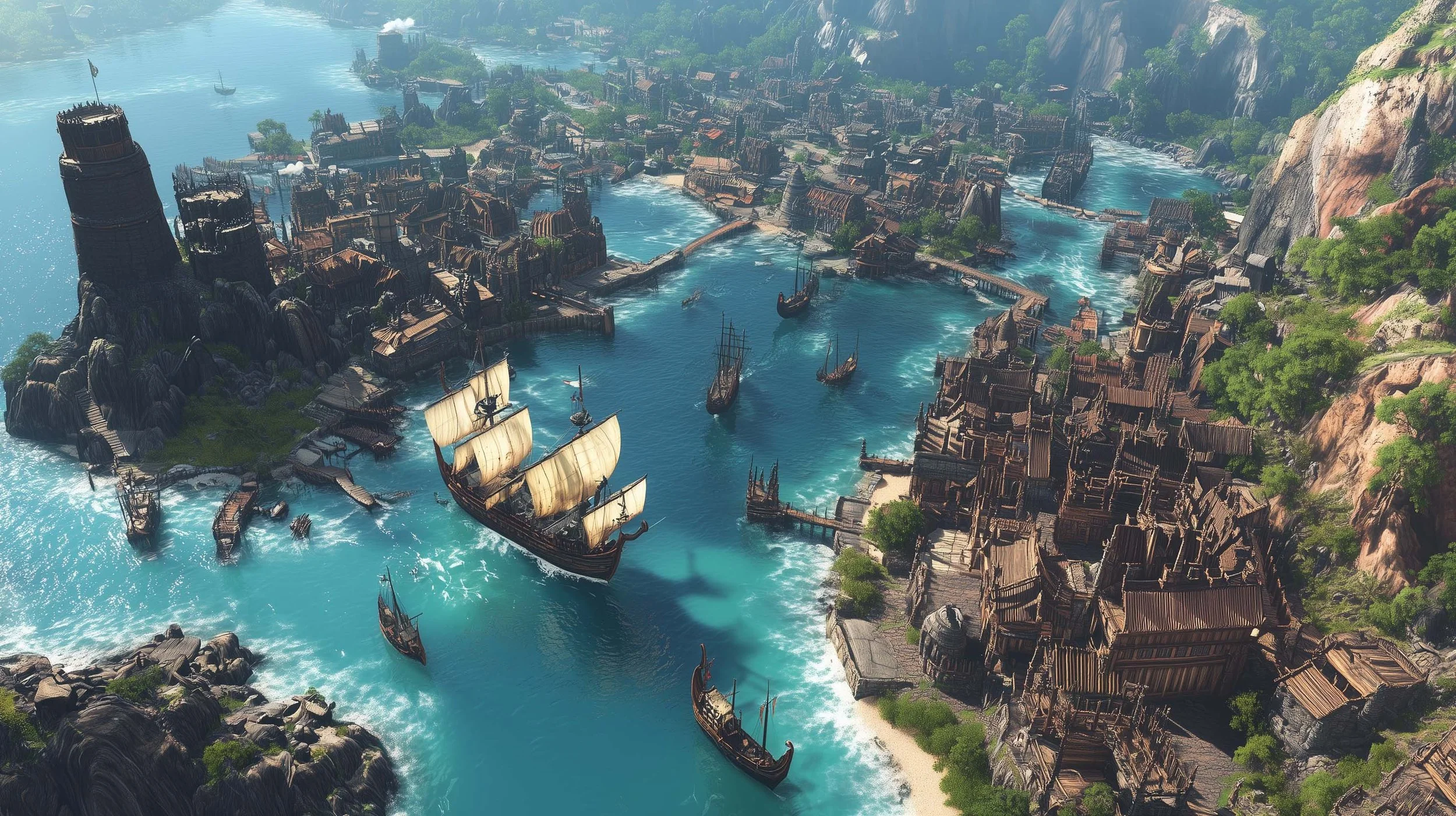 A detailed aerial view of an ancient harbor with several large sailing ships and smaller boats, surrounded by a densely packed ancient city with wooden buildings and docks, set in a lush landscape with rocky cliffs and green trees.