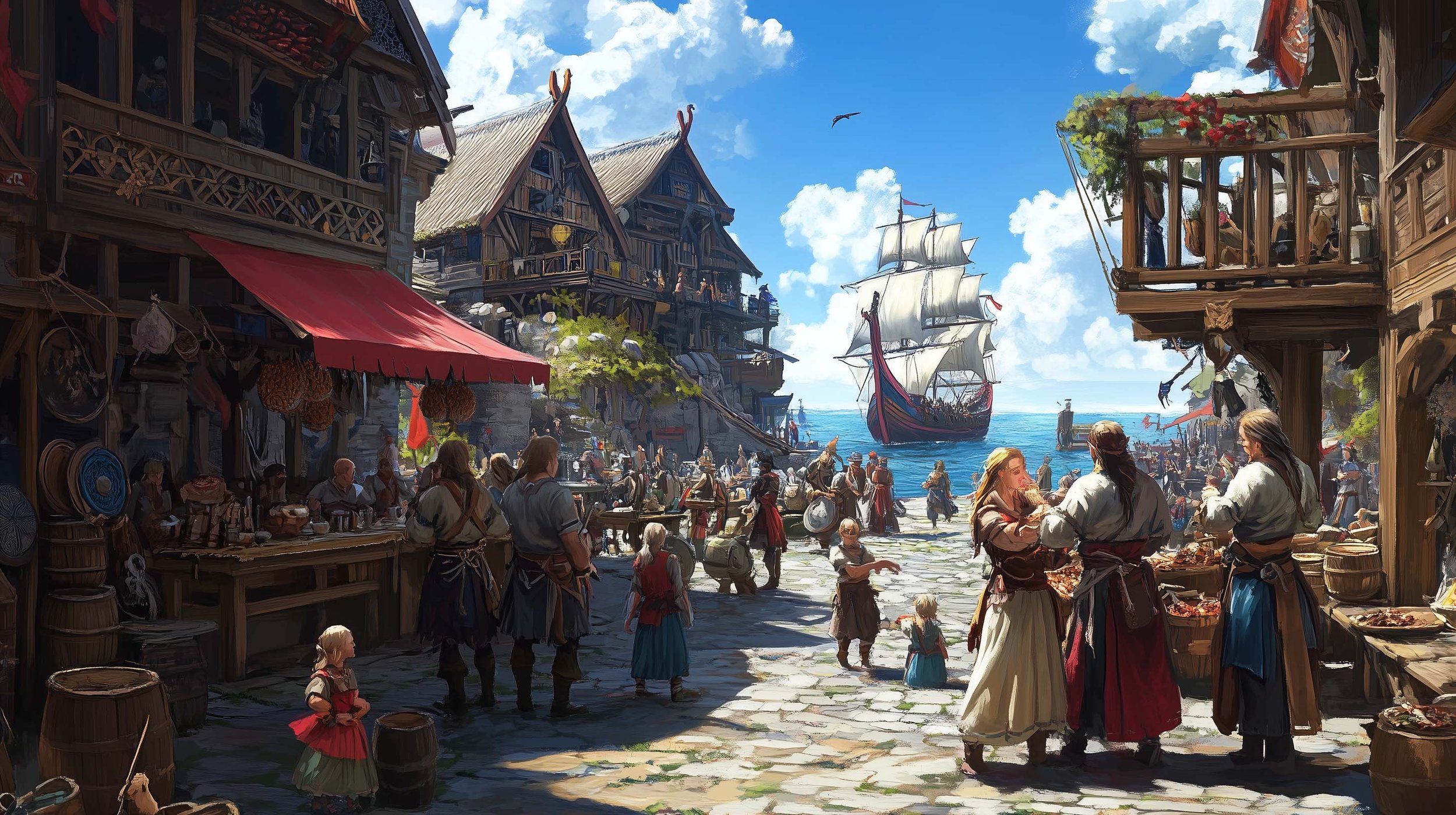 A busy medieval harbor scene with market stalls, merchants, townspeople, and children, with a large ship sailing into or out of the harbor, clear blue sky with some clouds, and wooden buildings with balconies.