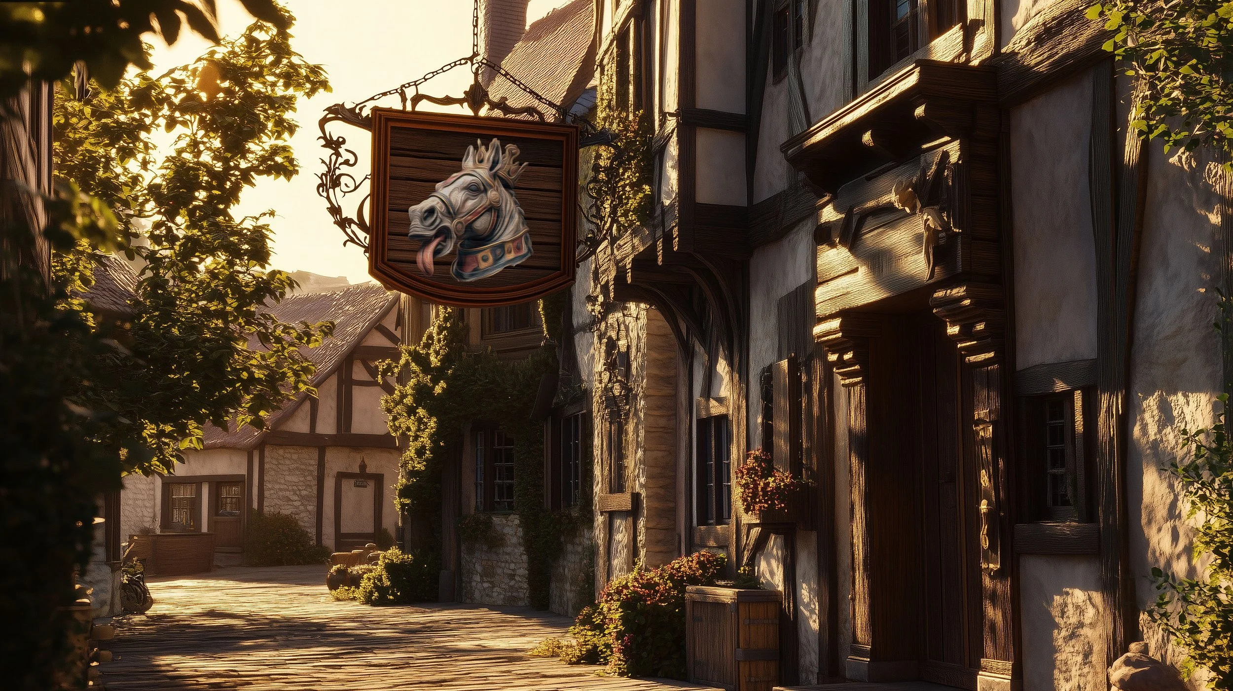 Cozy European village street during sunset with traditional houses, flower boxes, and a hanging sign featuring a horse's head.