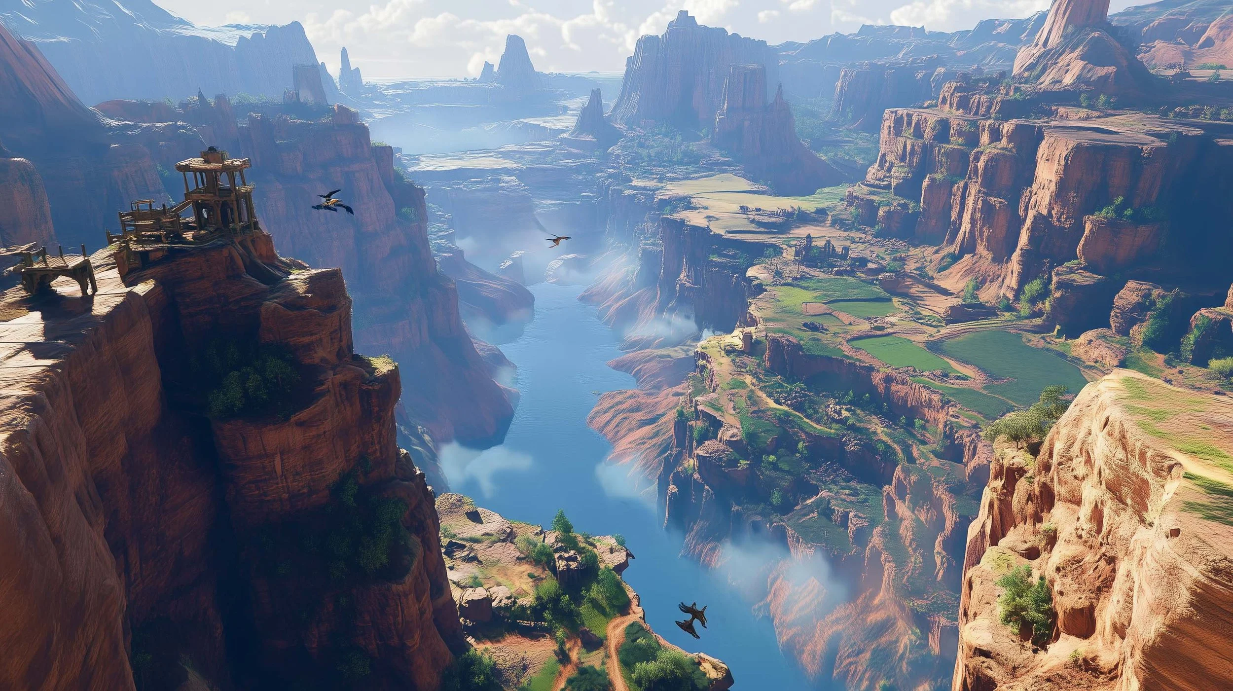 Aerial view of a canyon with a river flowing through it, surrounded by cliffs and plateaus, with a few birds flying in the sky.