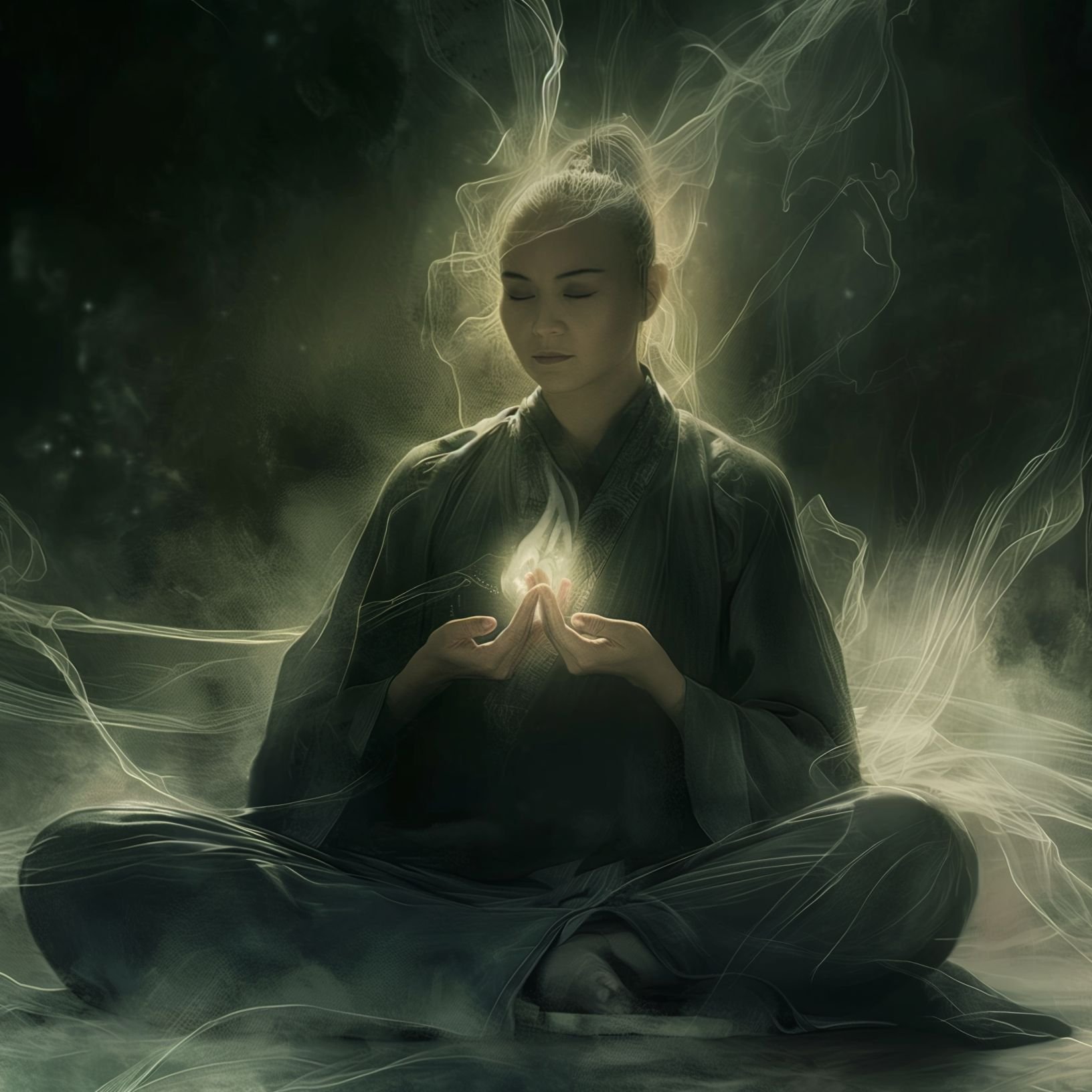 An artistic depiction of a meditating Thought Master with psychic energy surrounding her hands.