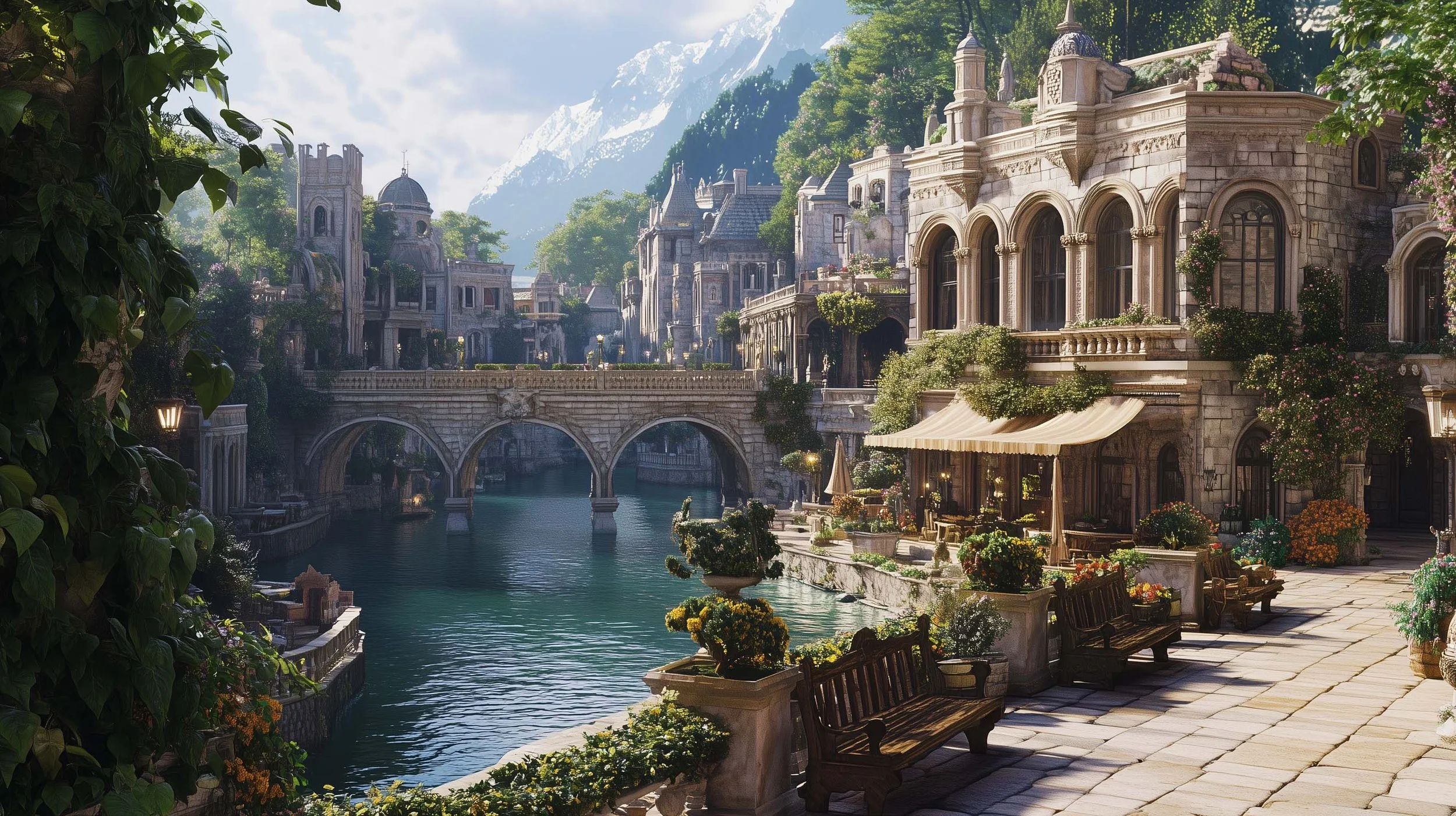 Picturesque riverside town with stone buildings, bridge over water, lush greenery, and snow-capped mountains in the background.