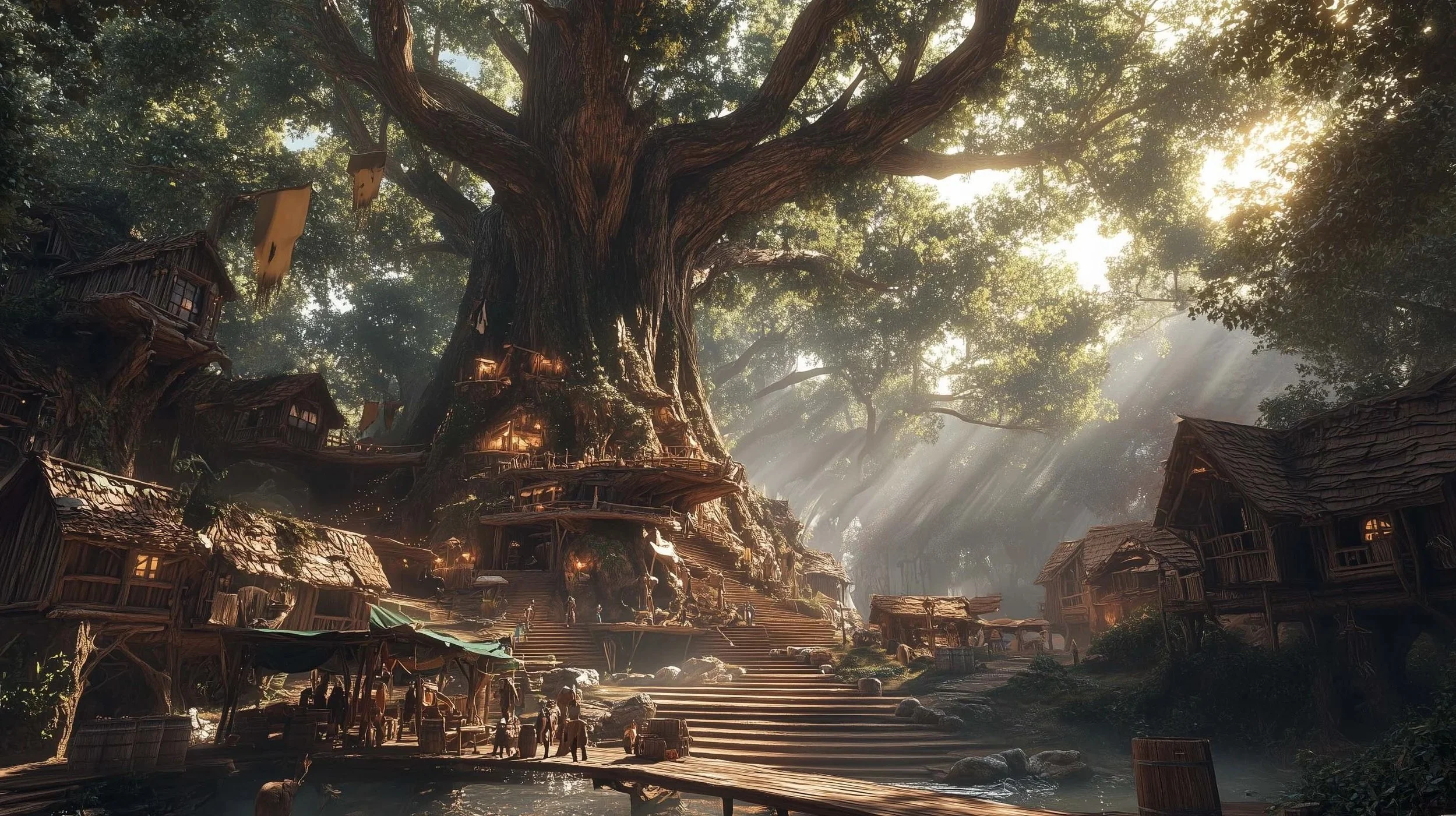 A fantasy village built around the base of a massive leafy green tree, with people going about their business at shops.