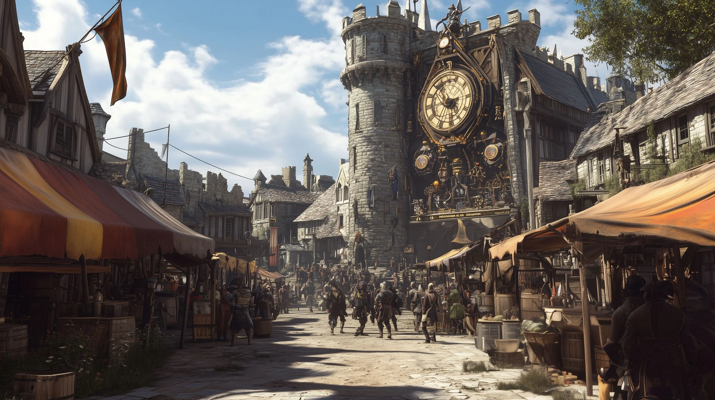 A medieval-style marketplace with wooden stalls and tents, a large stone clock tower, and NPCs dressed in period costumes, set on a cobblestone street under a partly cloudy sky.