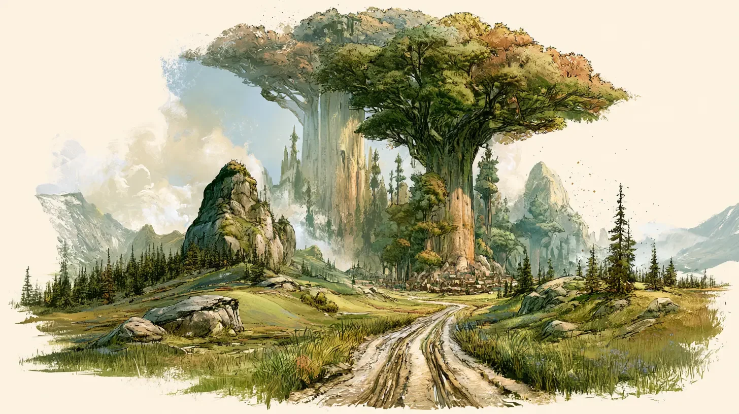 A fantasy village built around the base of a massive leafy green tree, with people going about their business at shops.