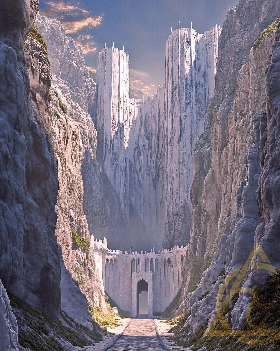 A fantasy landscape featuring a deep canyon with towering white cliffs and a massive stone fortress with arched entrances at the base, connected by a road, under a sky with clouds and sunlight.