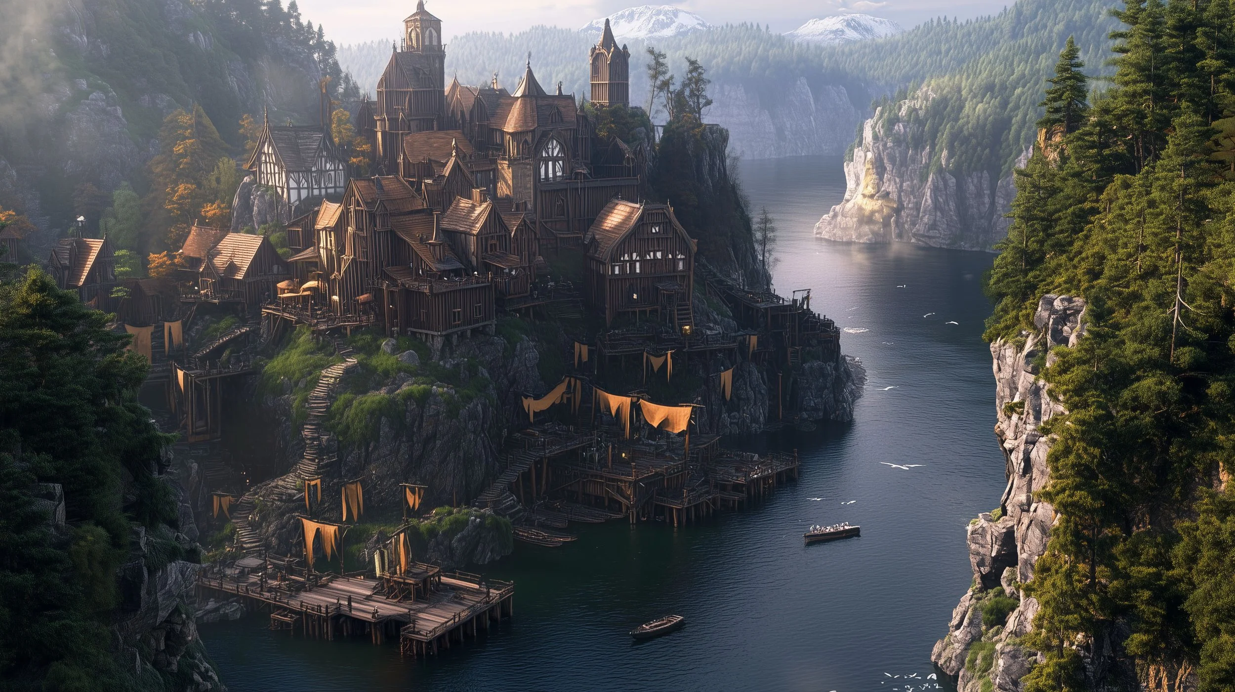 Large medieval-style castle built on cliffs over a body of water, surrounded by dense green trees and mountains in the distance.