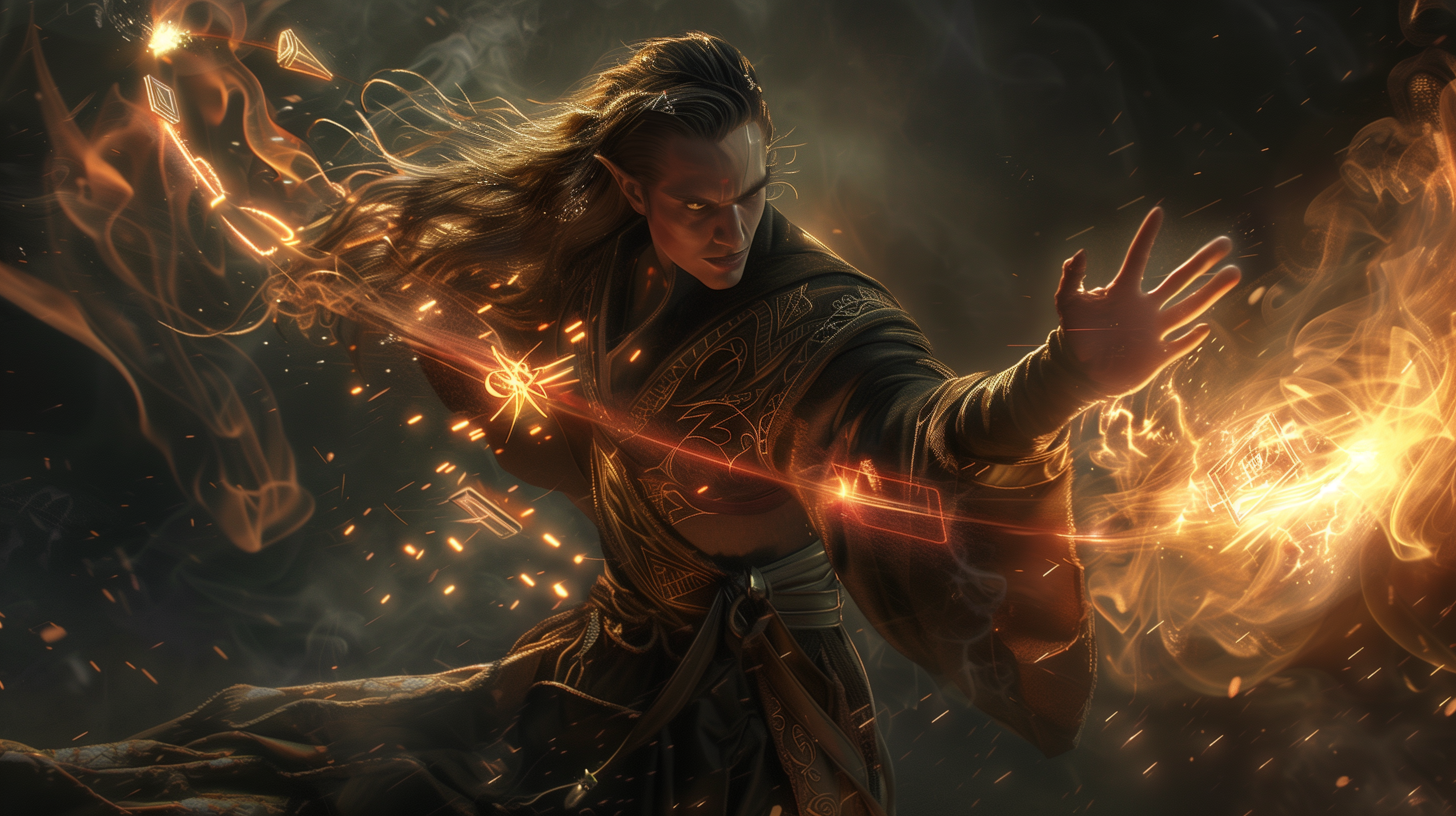 A wizard in dark robes casting a fiery spell with glowing symbols and sparks surrounding him.
