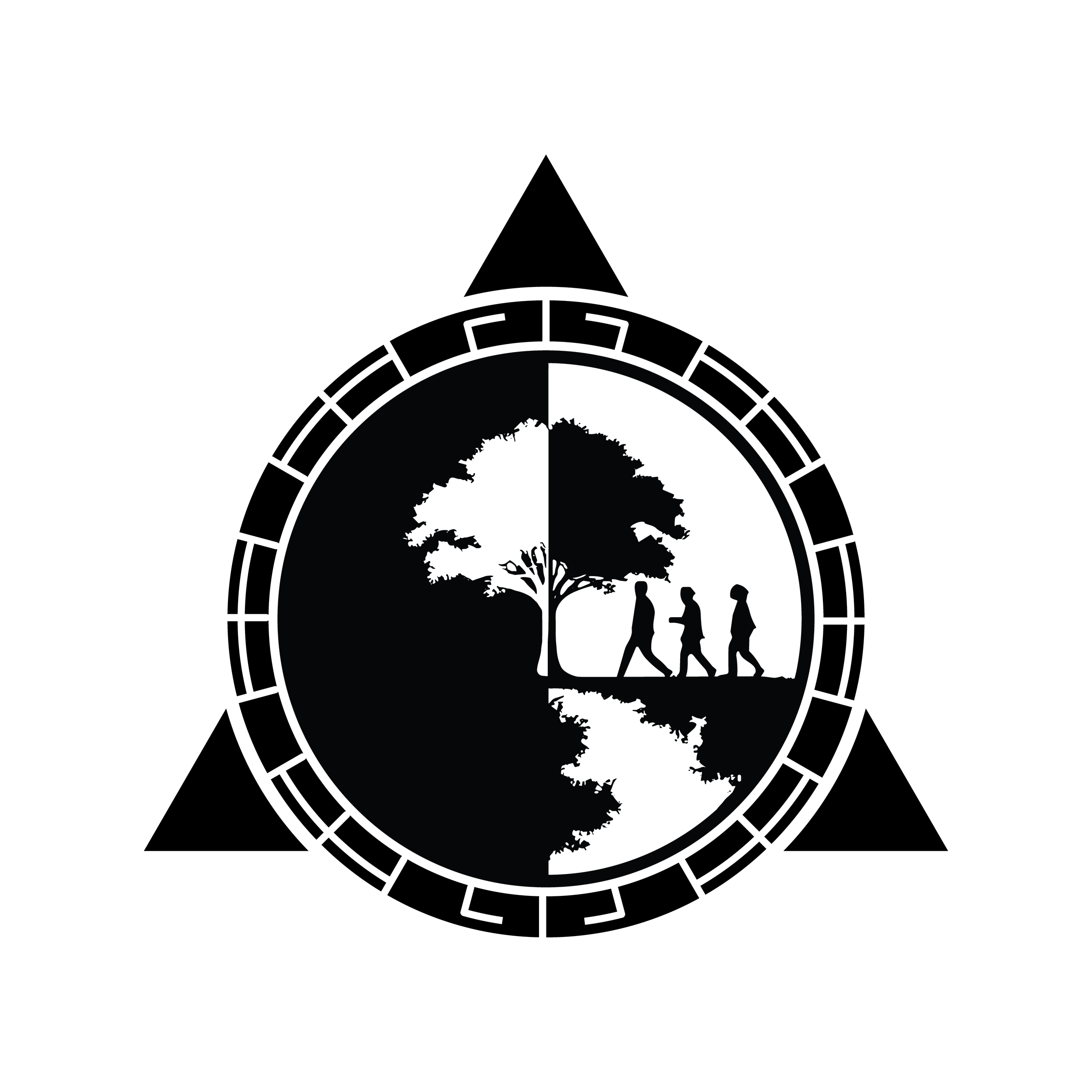 Silhouette of three people walking past a large tree, with a reflection of the scene below, placed inside a circular frame.