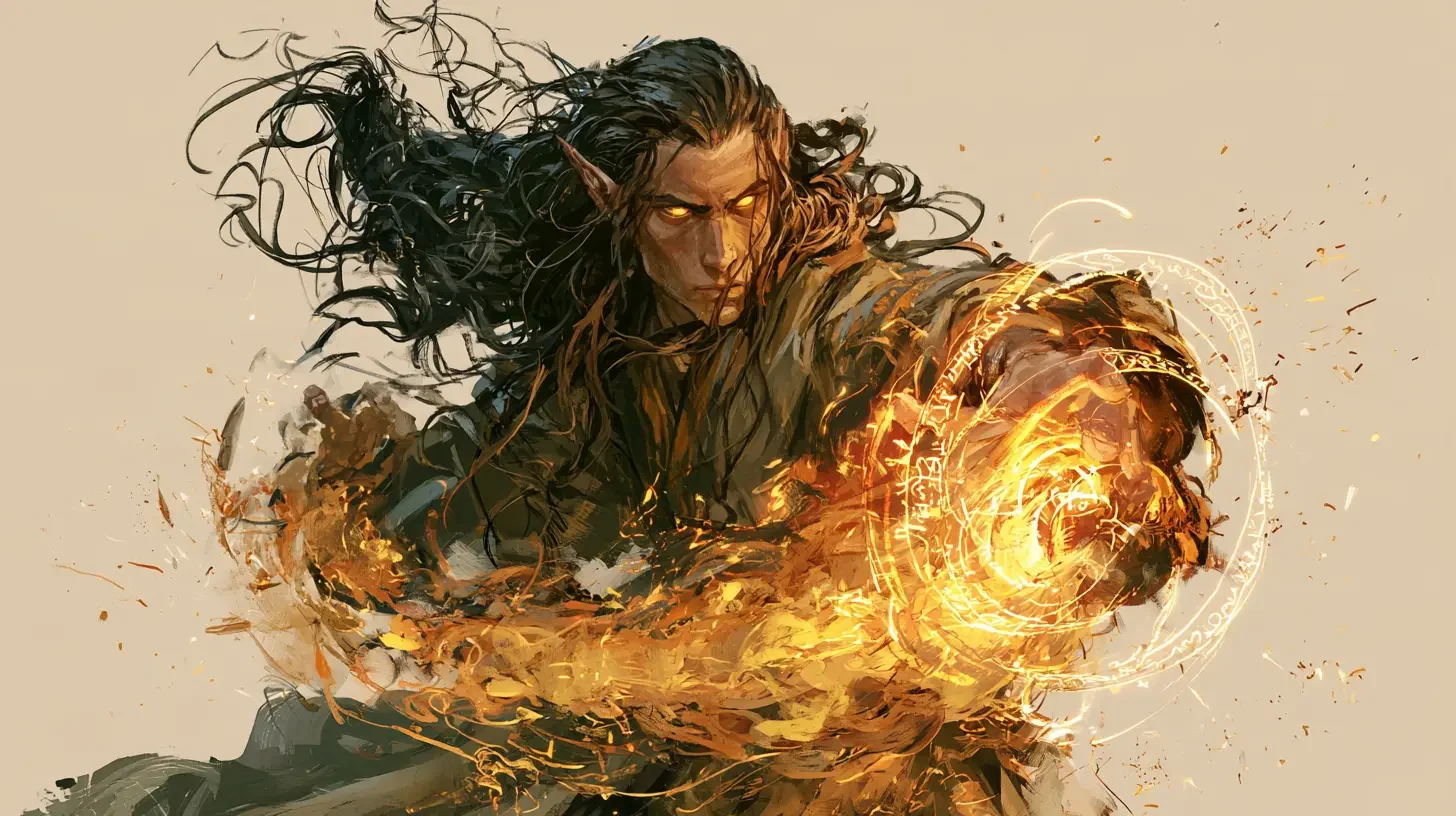 A wizard in dark robes casting a fiery spell with glowing symbols and sparks surrounding him.