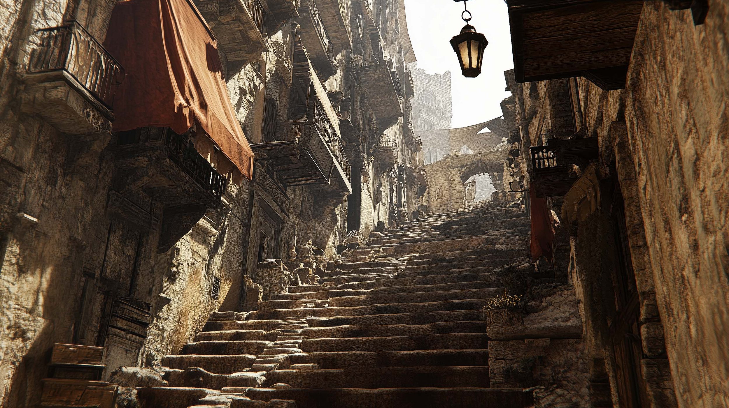 Old stone stairway ascending through a narrow alleyway flanked by weathered buildings with balconies, laundry hanging, and vintage street lamps, under a bright sky.