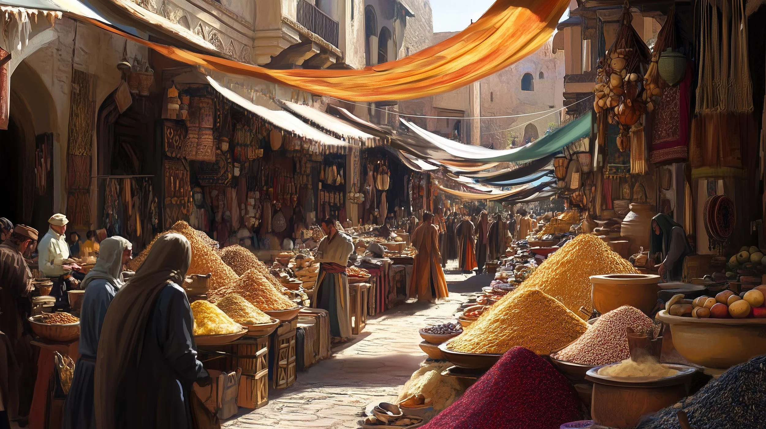 A bustling marketplace with vendors selling colorful spices and textiles, with many people browsing and shopping under awnings on a sunny day.