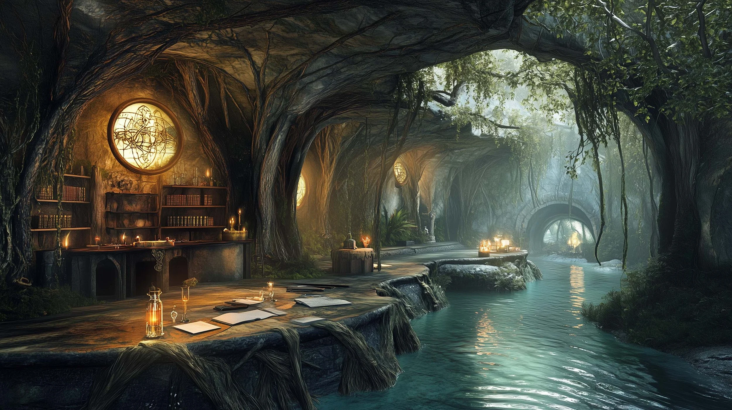 A fantastical library or workshop with ancient books, glowing lanterns, and a stream flowing through a cave-like structure surrounded by lush greenery and large trees.