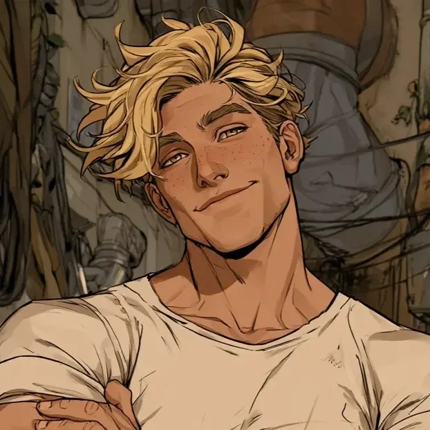 A young man with blonde hair and blue eyes gazes at the camera with a serious expression.