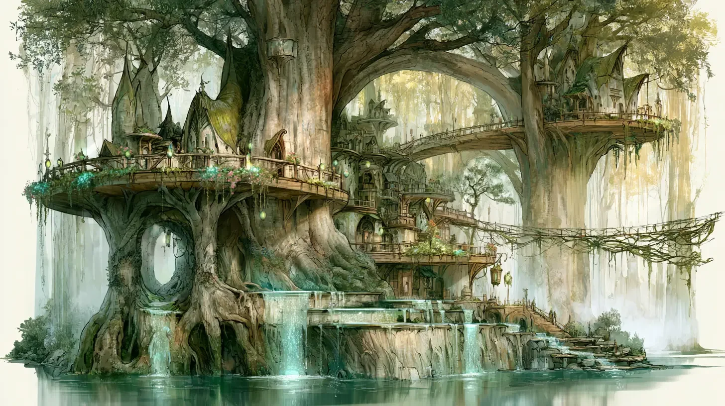 A mystical swamp populated with massive trees, sparkling lights scattered across the water's surface.