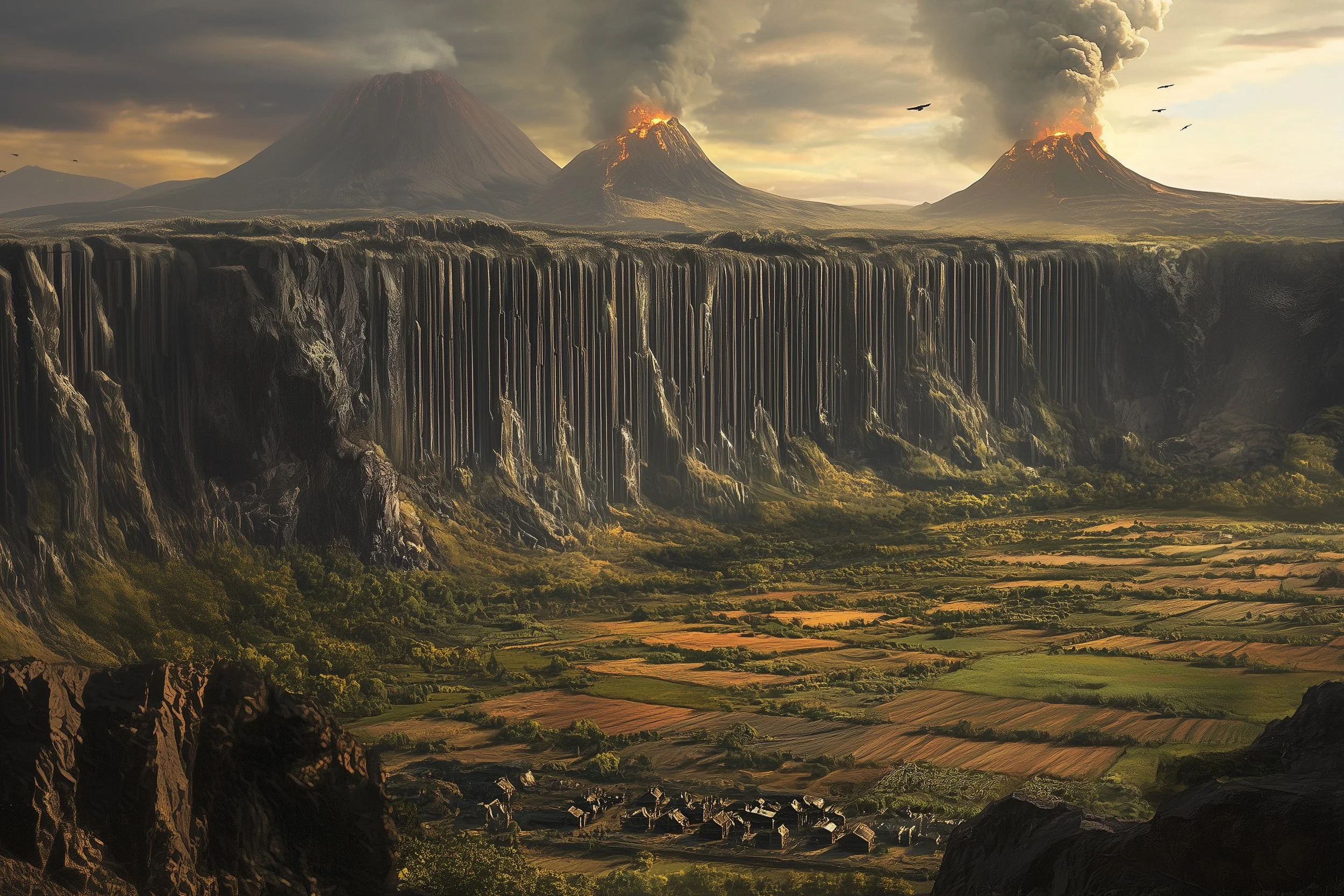 Lush farmland edged by a massive basalt cliff, above which rise three volcanoes--two erupting, one dormant.
