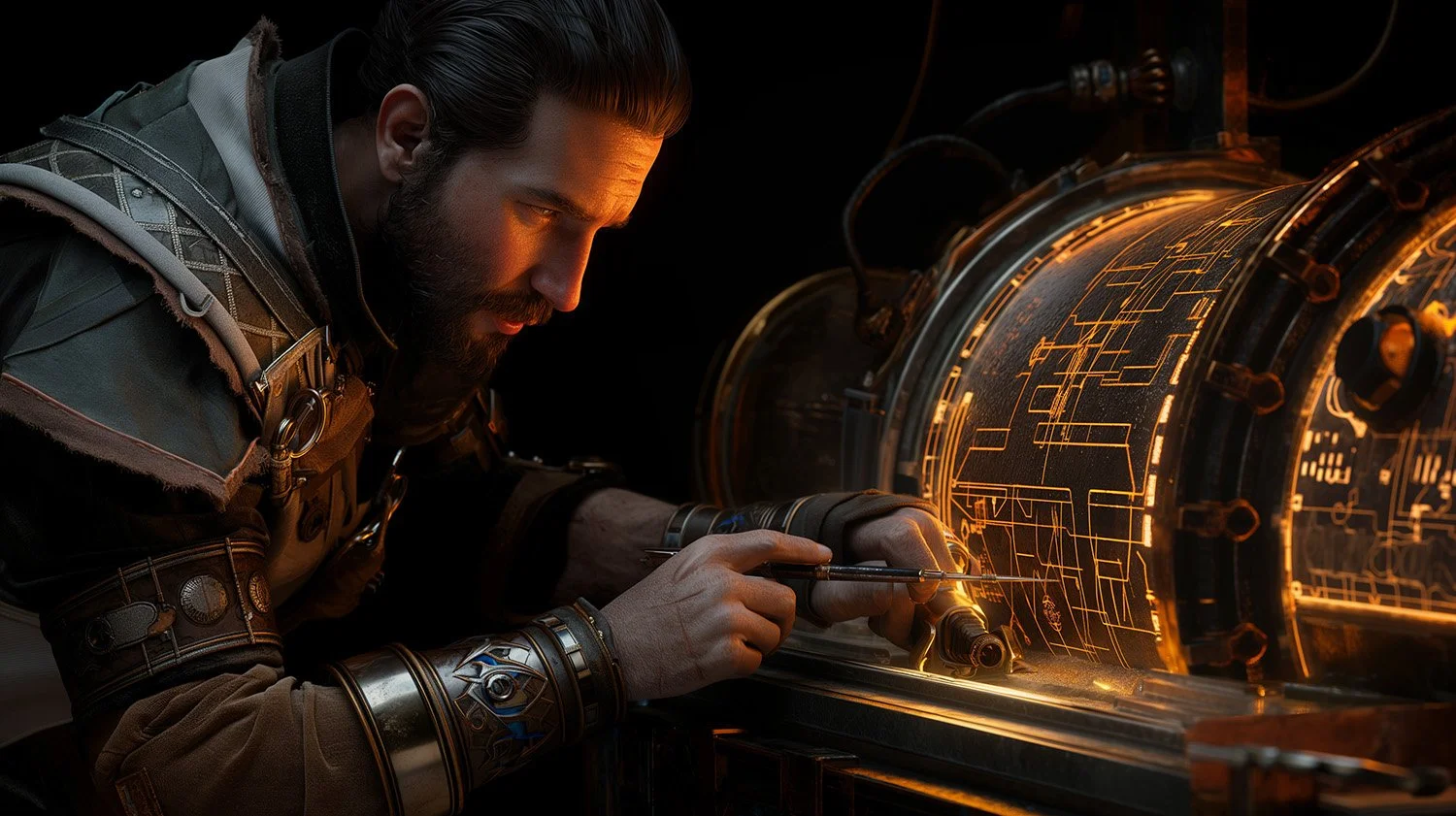 A man with a beard in futuristic attire working with a glowing, holographic cylindrical device with orange circuitry patterns.