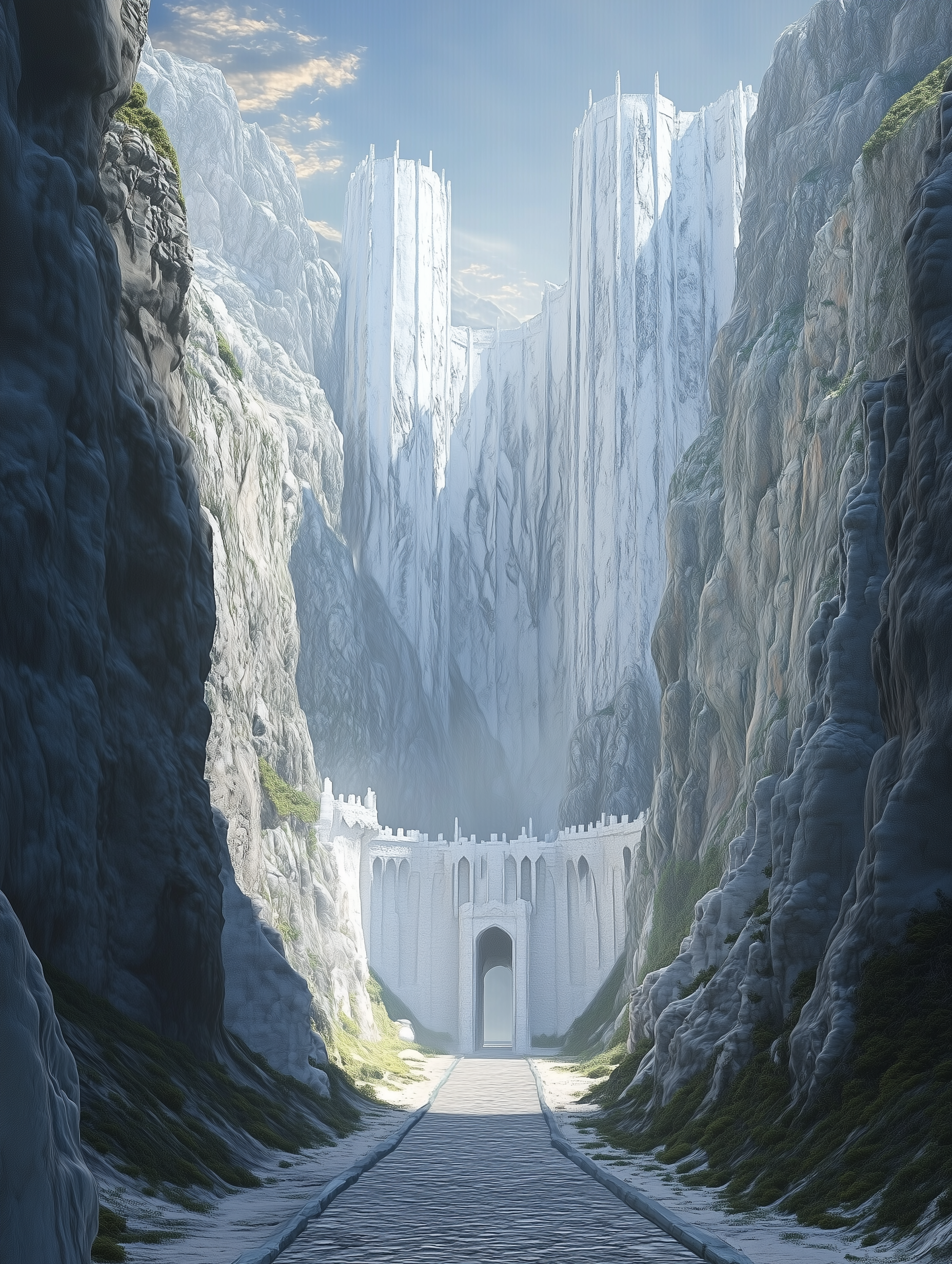 Illustration of Eastgate fortress from the Triune Era—towering white walls set within a narrow mountain pass, evoking ancient unity and lost grandeur.