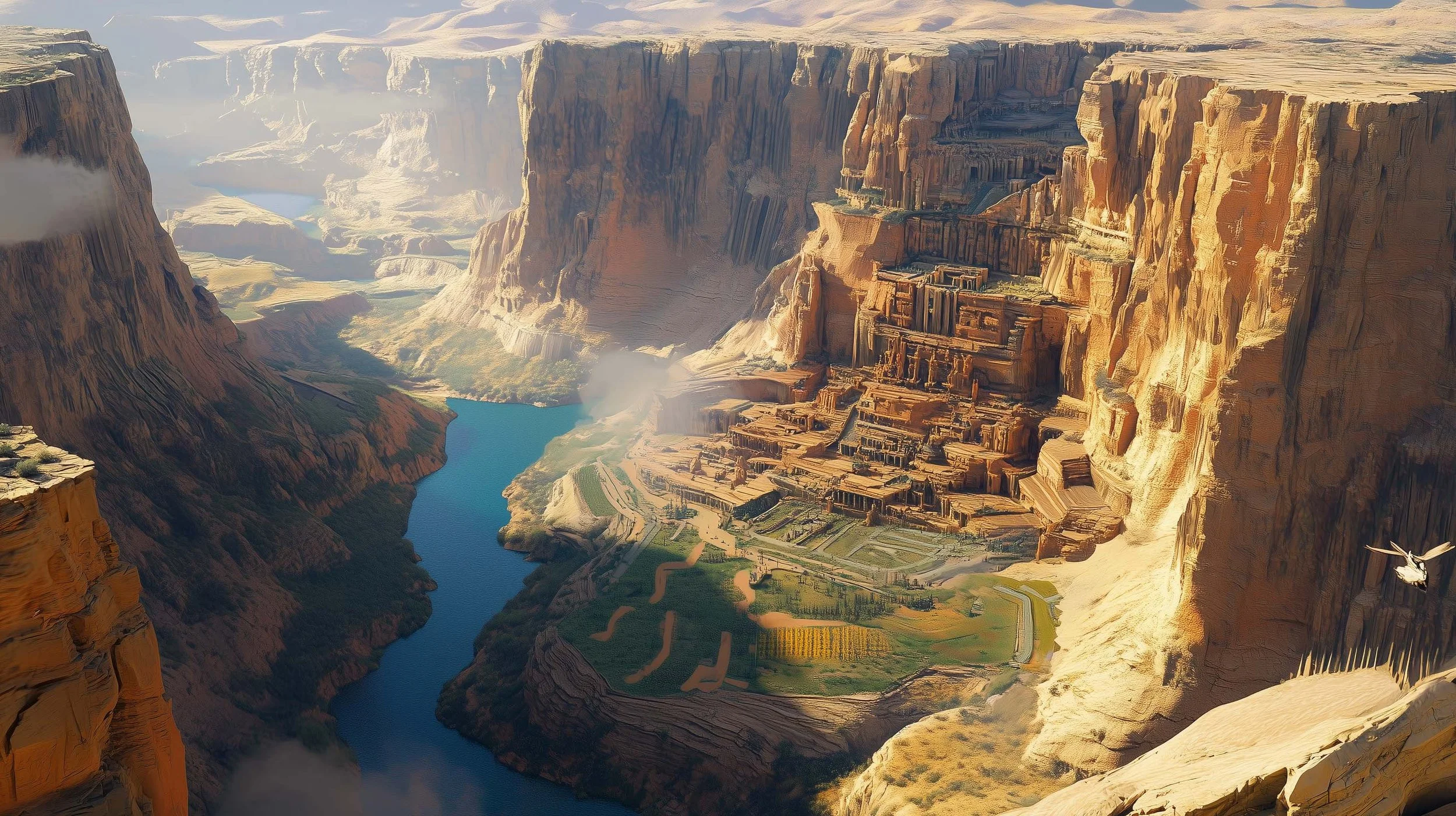 A digital painting of the Grand Canyon with a river flowing through the bottom, steep cliff walls, and ancient-looking structures built into the canyon wall.