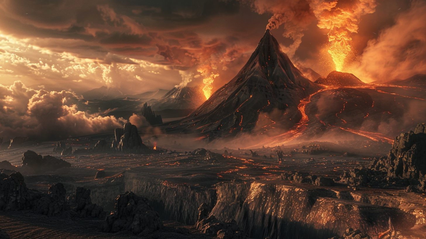 A volcanic eruption with lava flowing down the sides of a towering volcano, dark smoke and ash billowing into the sky, and glowing molten lava spilling onto the landscape below