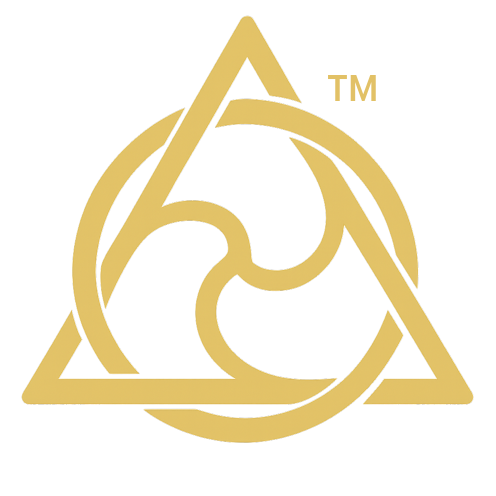 Golden triskelion logo on black background, with a small superscript "TM" in gold at the top right of the triangle. The design features an interwoven triangle and three swirling arcs, symbolizing the unity of Magic, Mind, and Machine.