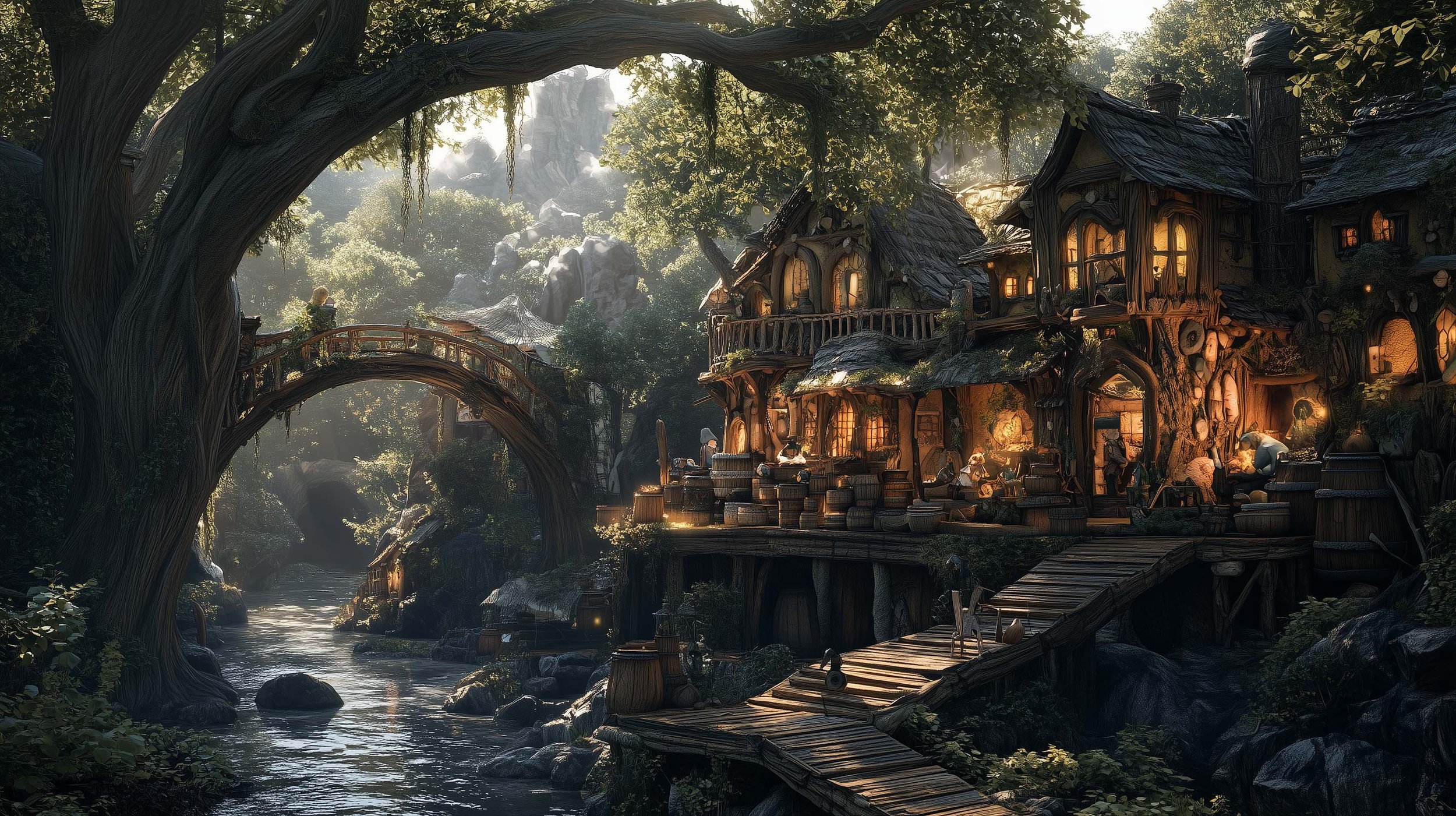 A fantasy-style treehouse village built into a lush forest, with glowing windows and wooden bridges over a river.