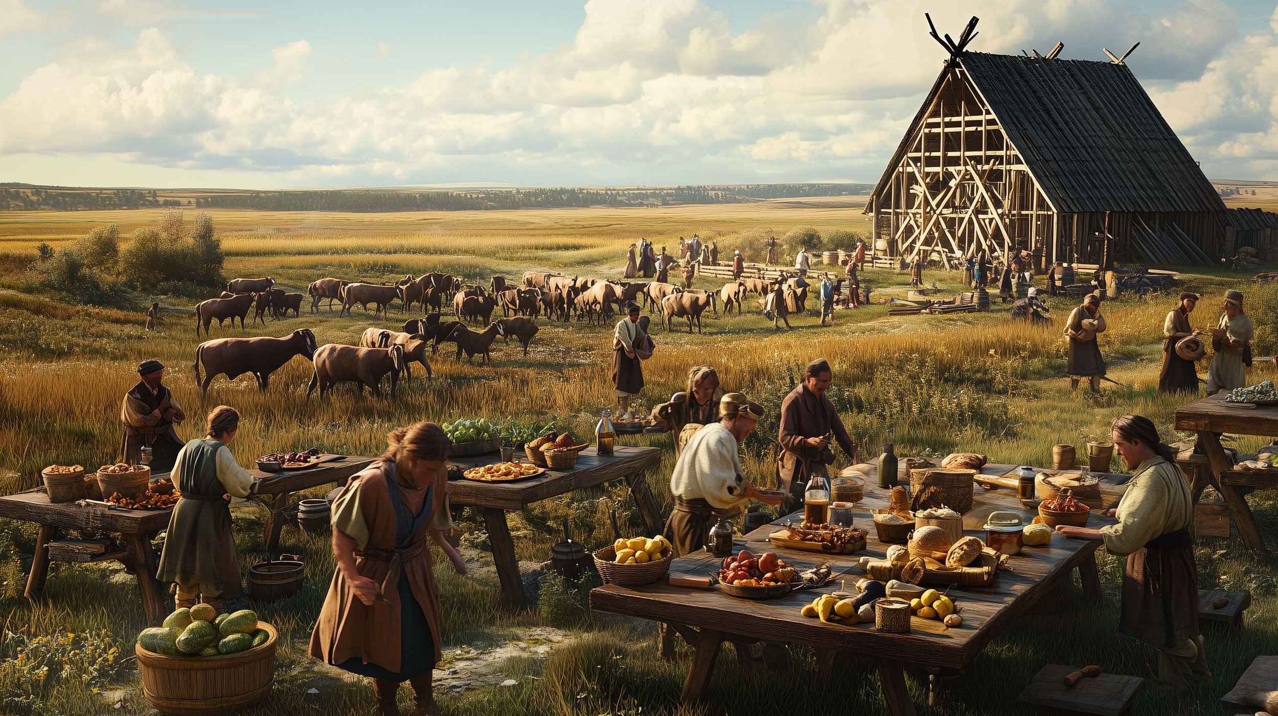 Historical outdoor scene with people gathering around tables with food, grazing cattle, and a large wooden barn in a rural field under a partly cloudy sky.