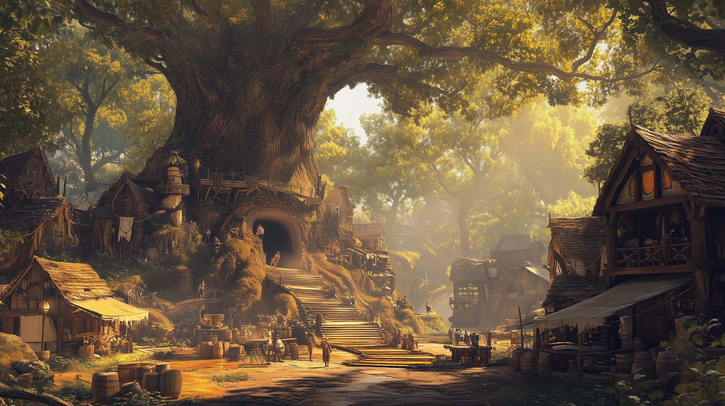 A fantasy medieval village at the base of a massive ancient tree, with wooden houses, stairs, and villagers, illuminated by soft sunlight filtering through the leaves.