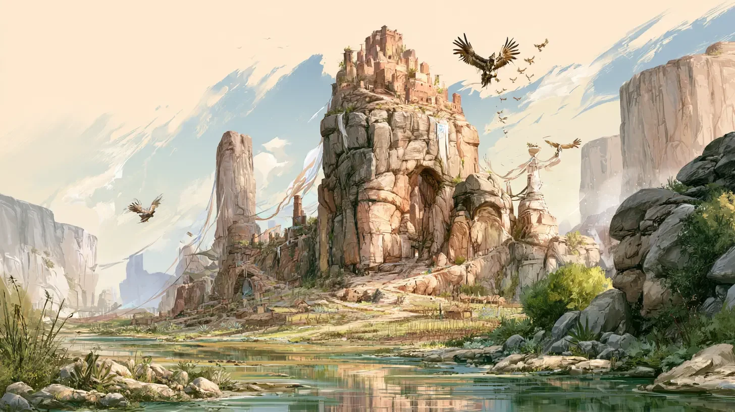 A massive city of adobe structures stands atop a butte overlooking a canyon landscape with a fertile river valley far below.