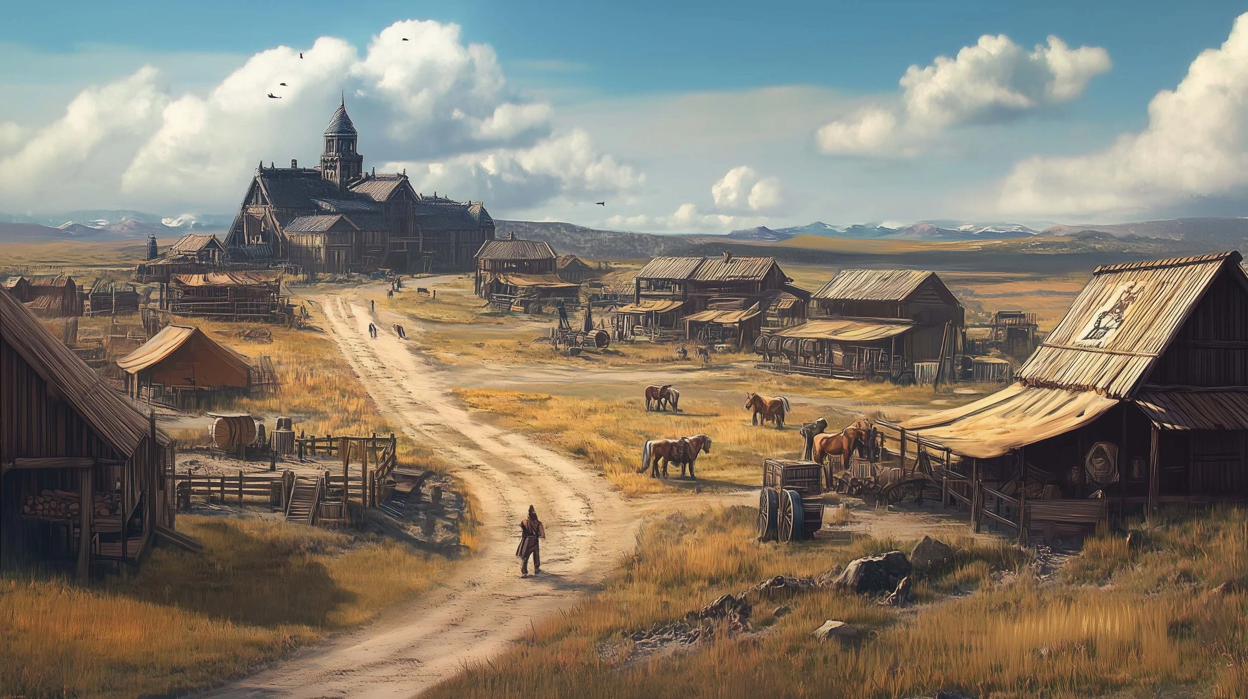 Digital painting of a rustic medieval village with wooden buildings, horses grazing and a large trade depot under a cloudy sky.