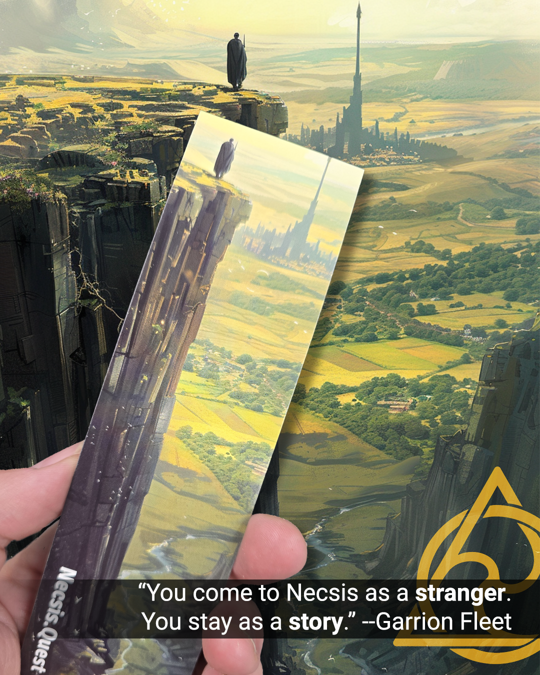 Hand holding a bookmark with a digital landscape print of a distant city as viewed from a cliff. The city features a distinctive spire and is surrounded by a fantasy landscape with cliffs, a figure, and a castle in the background.