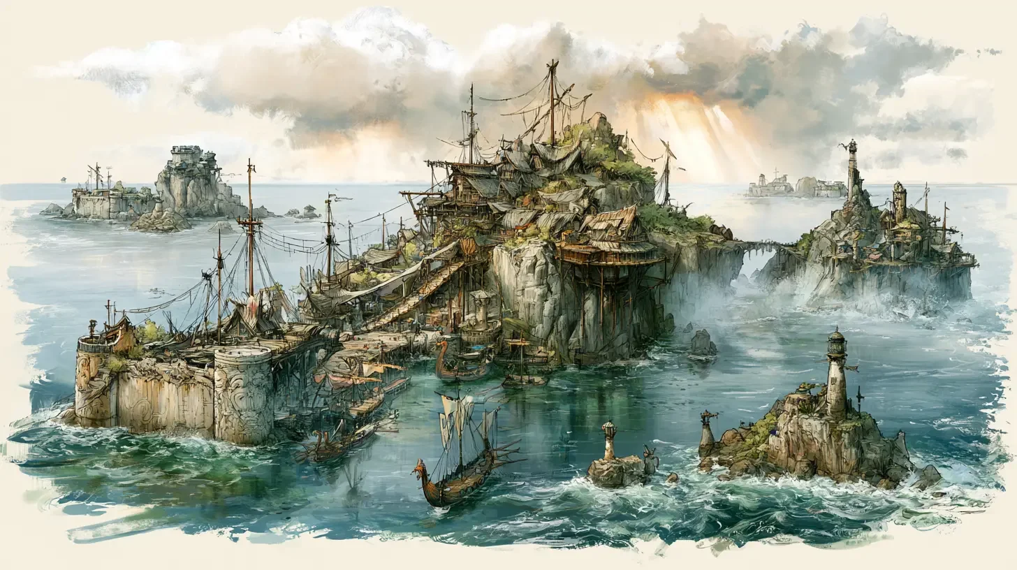 Ships float within turquoise waters, surrounded by island cities.
