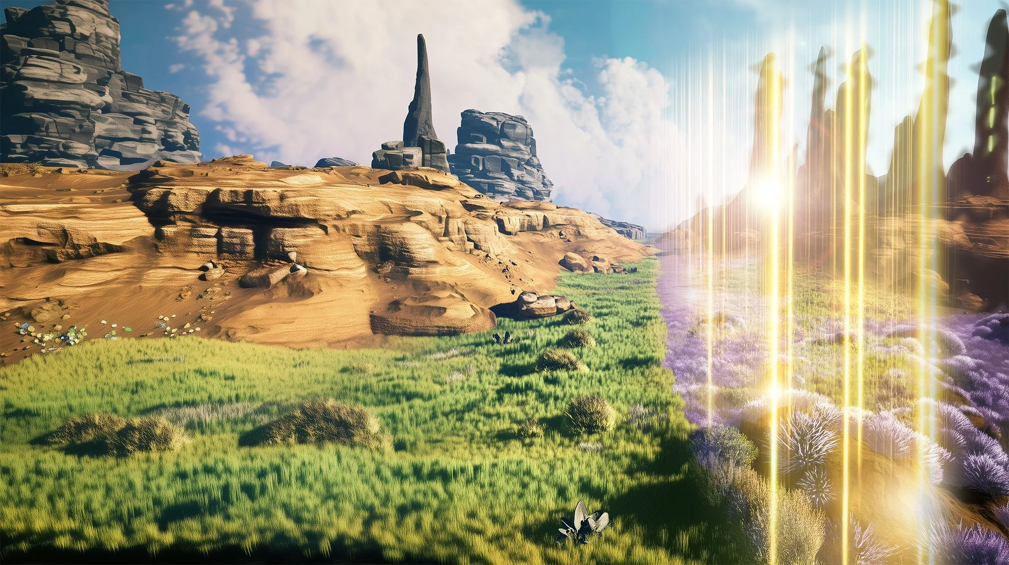 A digitally created landscape showing a desert with rock formations on the left, lush green grass and bushes in the center, and a fantastical glowing yellow and purple light with streaks on the right side.
