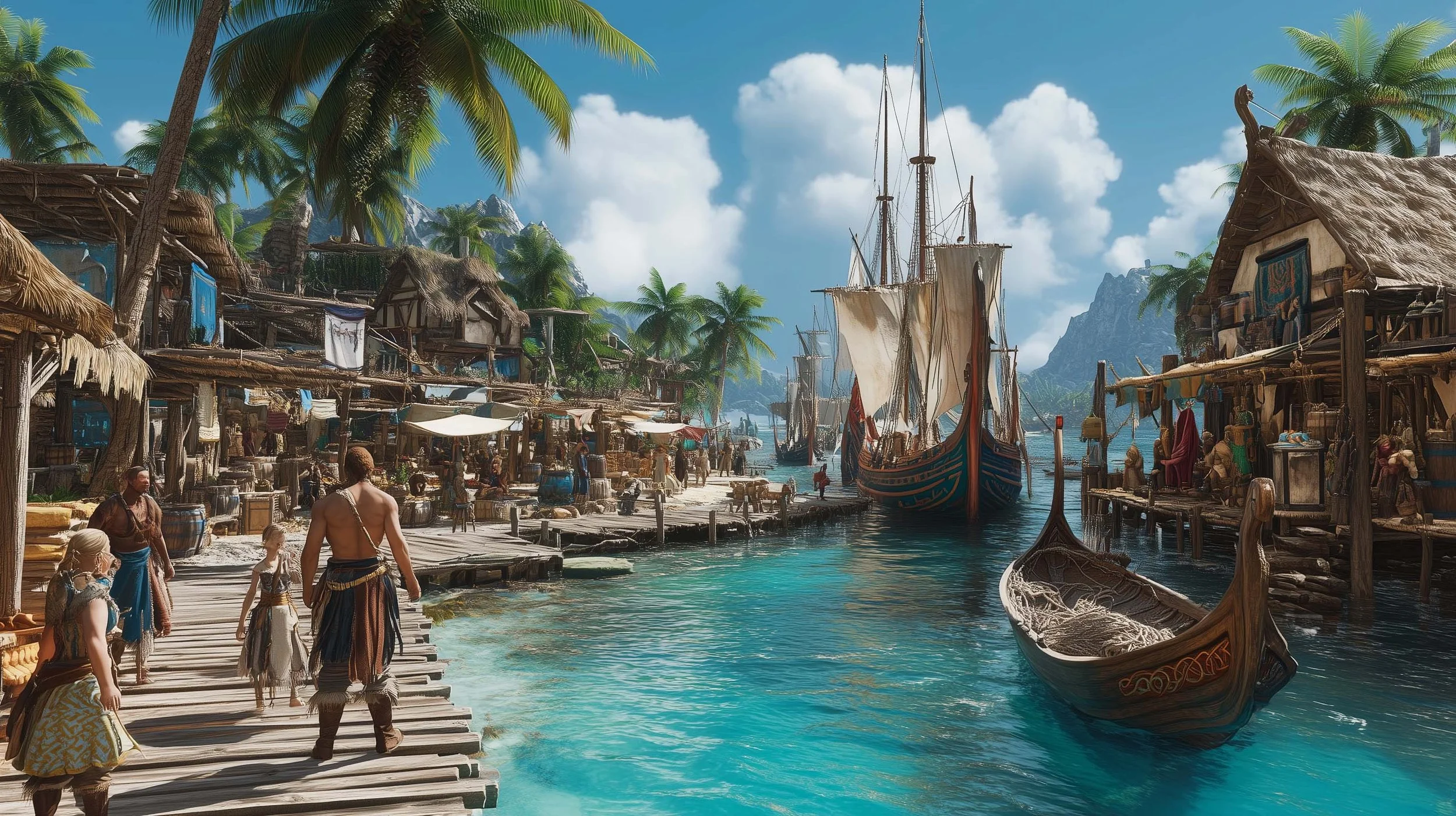 A bustling tropical harbor scene with wooden dock, thatched houses, palm trees, and large sailing ships in the turquoise water, with mountains in the background and a bright blue sky with white clouds.