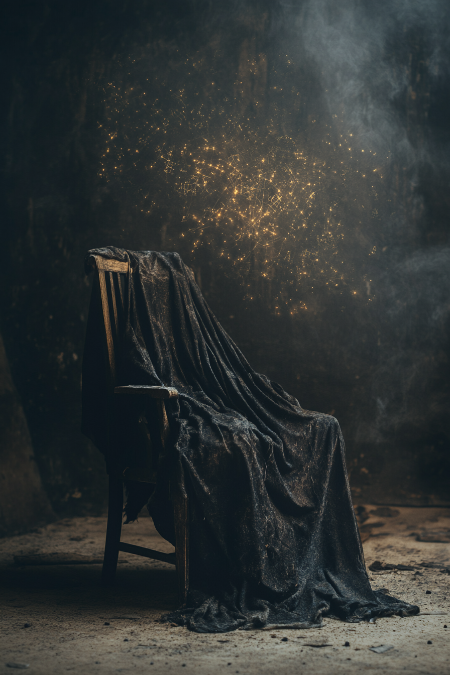 A tattered cloak draped on an empty chair, glowing sparks lingering in the air, hinting at the unseen cost of wielding magic.
