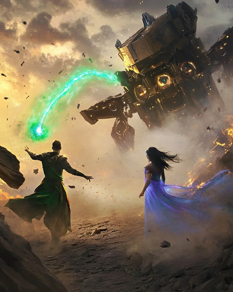 A robed figure casts green energy at a towering mech as an ethereal woman in a flowing blue dress watches amid dust and fire.