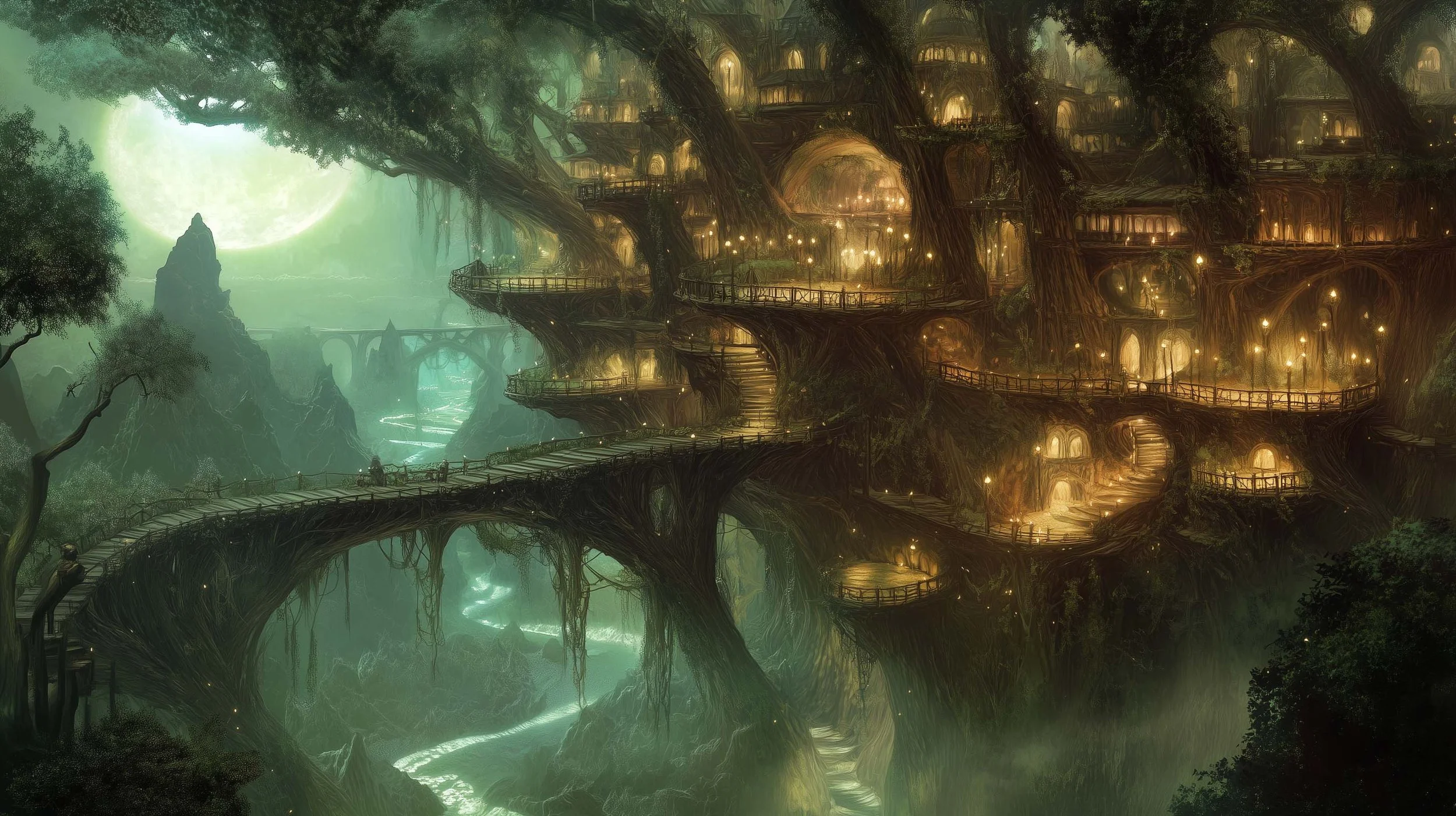 A mystical, enormous tree with multiple illuminated treehouse homes built among its branches and connected by winding walkways in a lush, foggy forest under a glowing full moon.