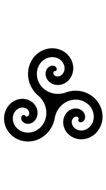 Black background with three interconnected white spirals.